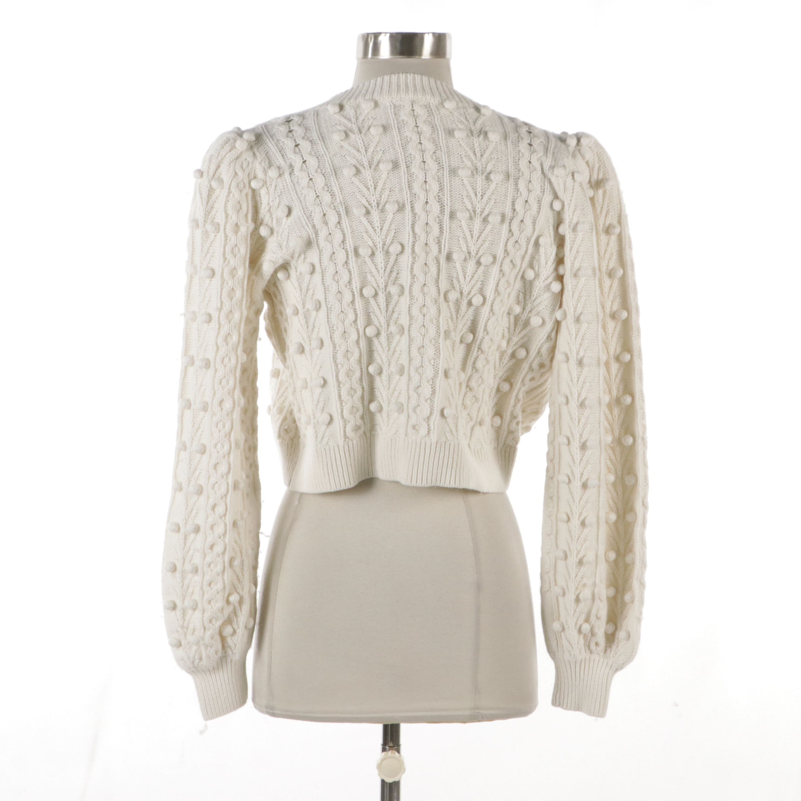 Alice + Olivia Kitty Puff-Sleeve Tie Closure Cardigan in White Wool/Cotton Blend