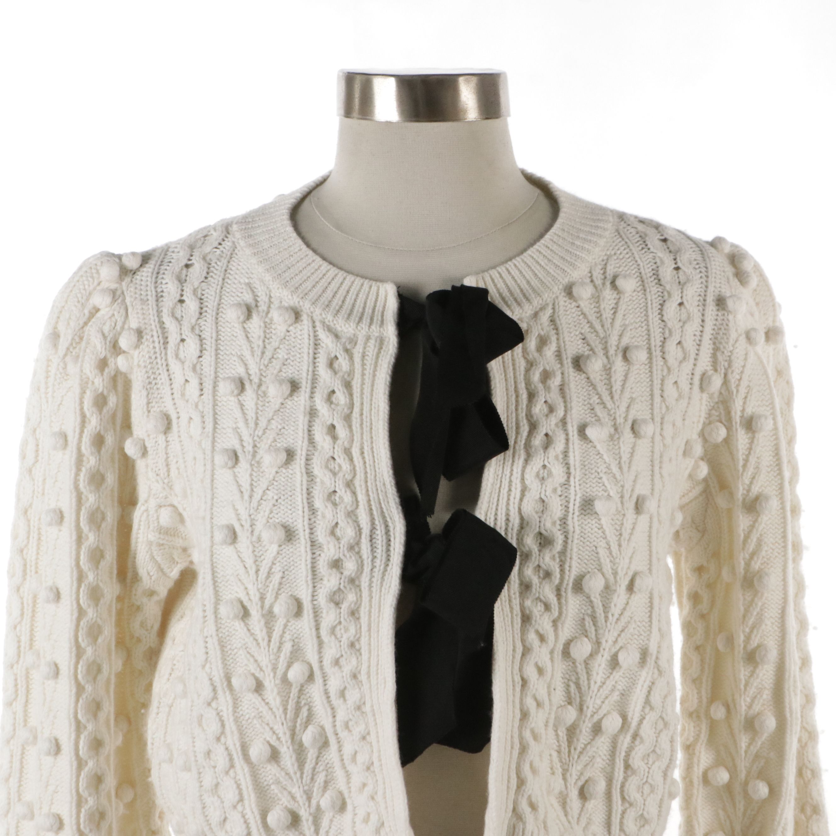 Alice + Olivia Kitty Puff-Sleeve Tie Closure Cardigan in White Wool/Cotton Blend