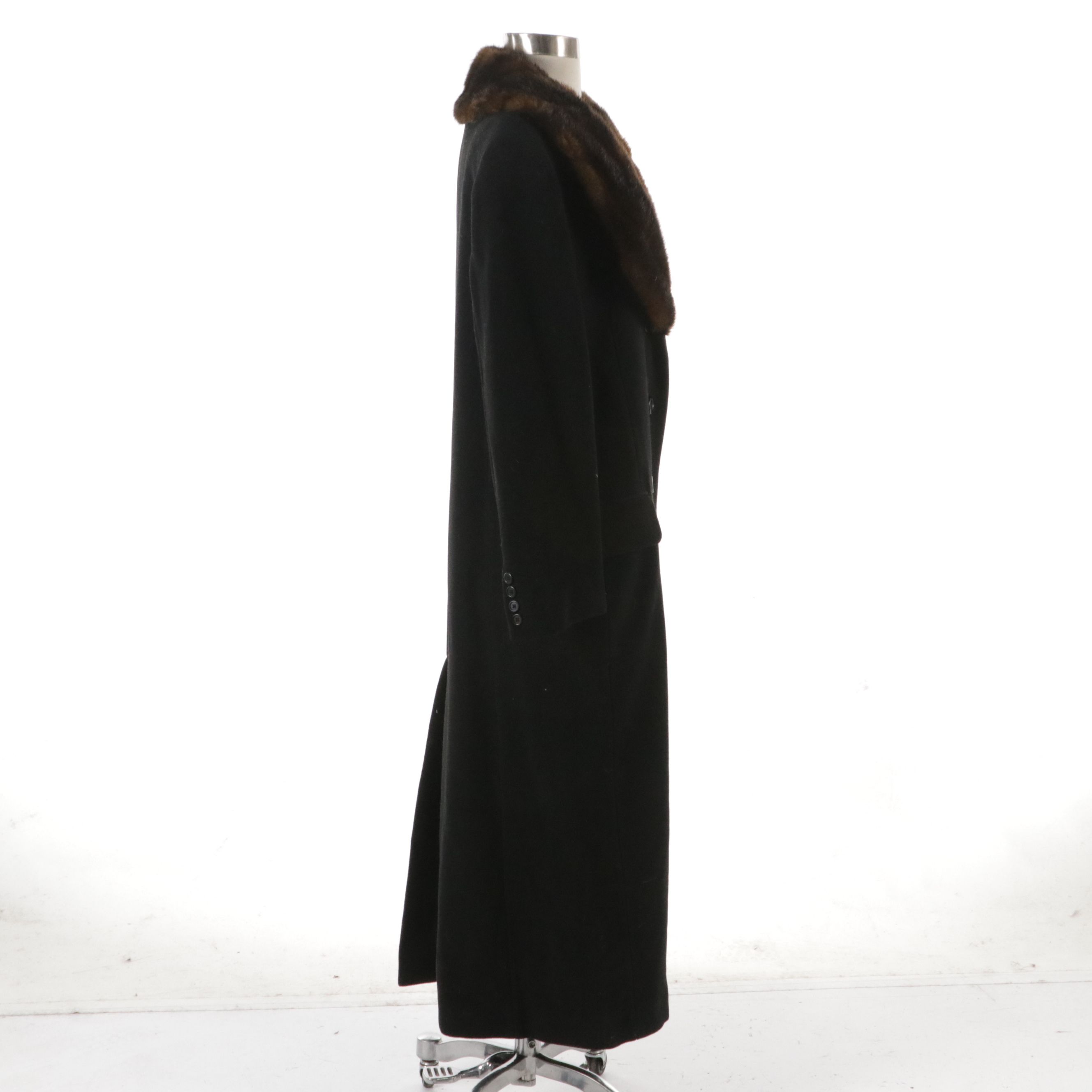 Lauren Ralph Lauren Black Wool Long Coat with Faux Fur Collar