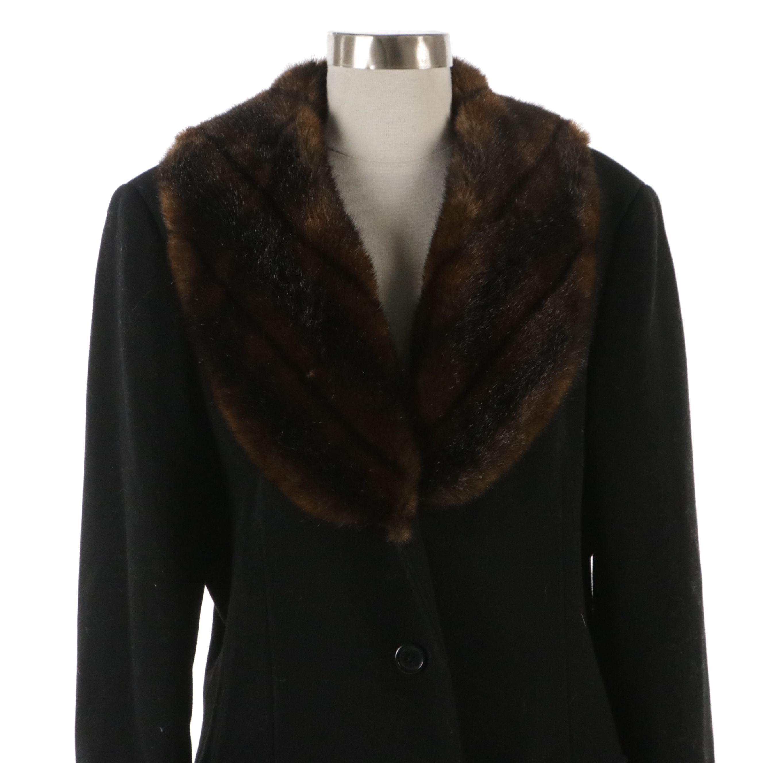 Lauren Ralph Lauren Black Wool Long Coat with Faux Fur Collar