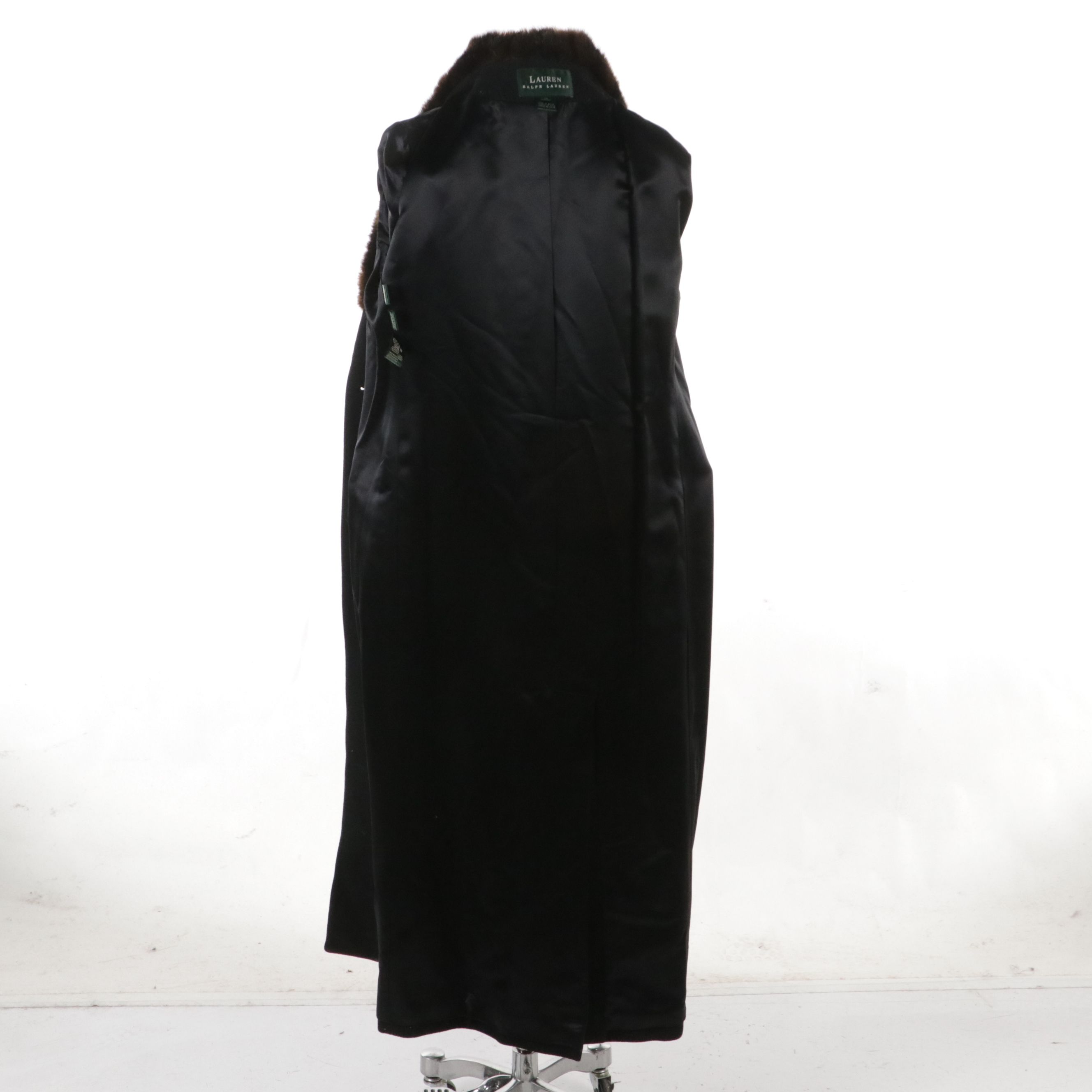 Lauren Ralph Lauren Black Wool Long Coat with Faux Fur Collar