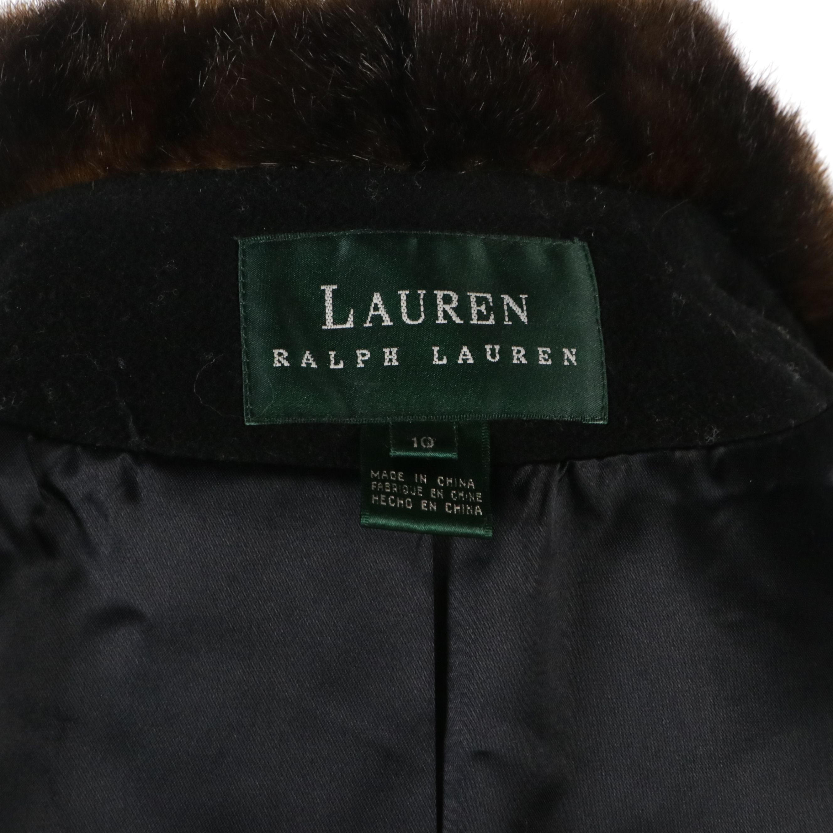 Lauren Ralph Lauren Black Wool Long Coat with Faux Fur Collar