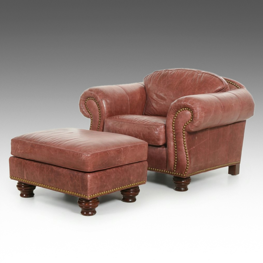 Thomasville Leather Upholstered Armchair and Ottoman