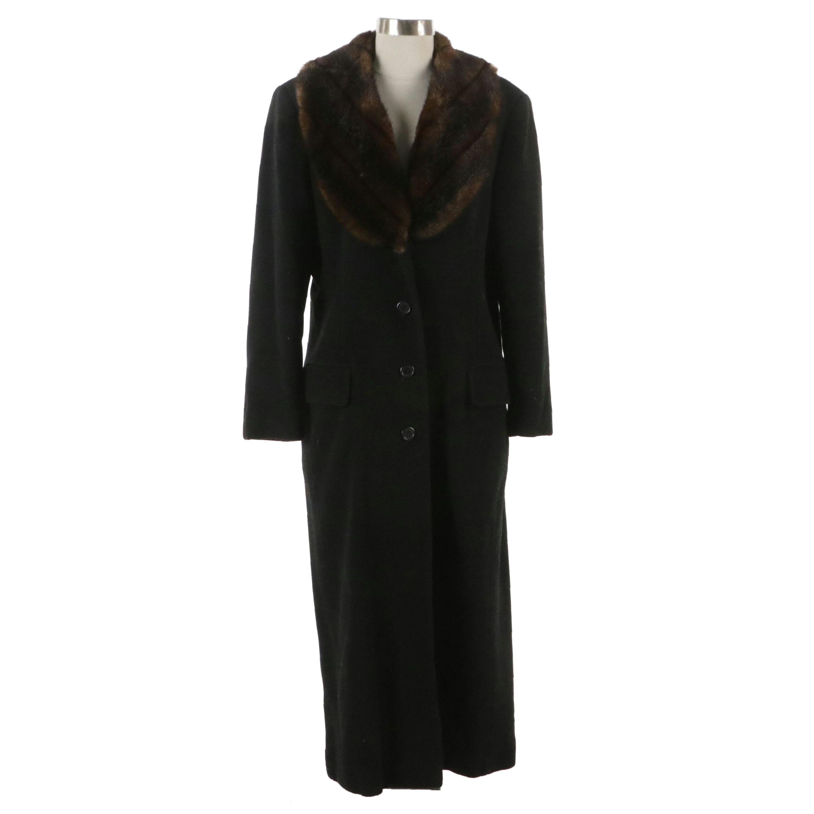 Lauren Ralph Lauren Black Wool Long Coat with Faux Fur Collar