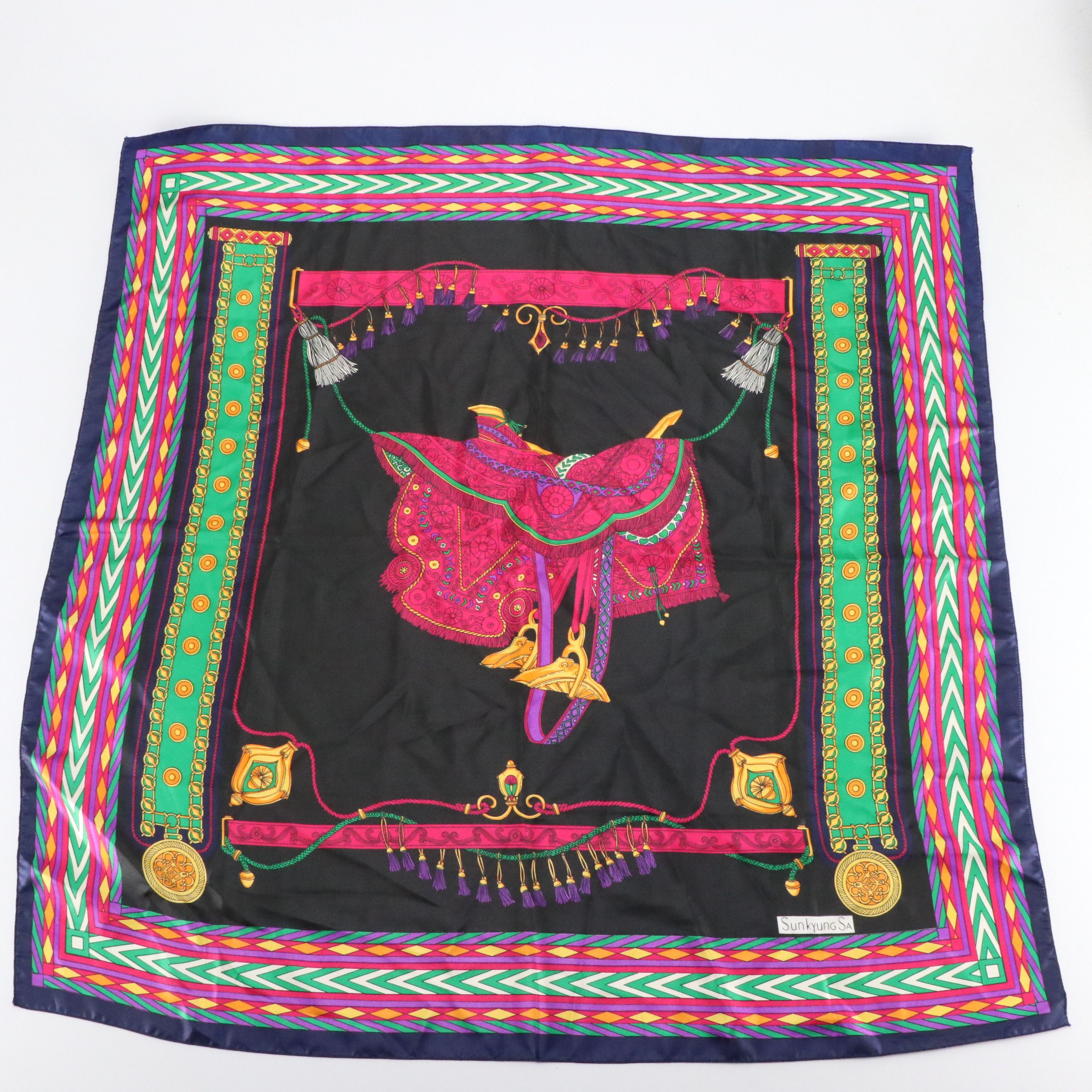 Cape Robbin Metallic Orange Leather Mule Heels, Sunkyung Sa Printed Scarf