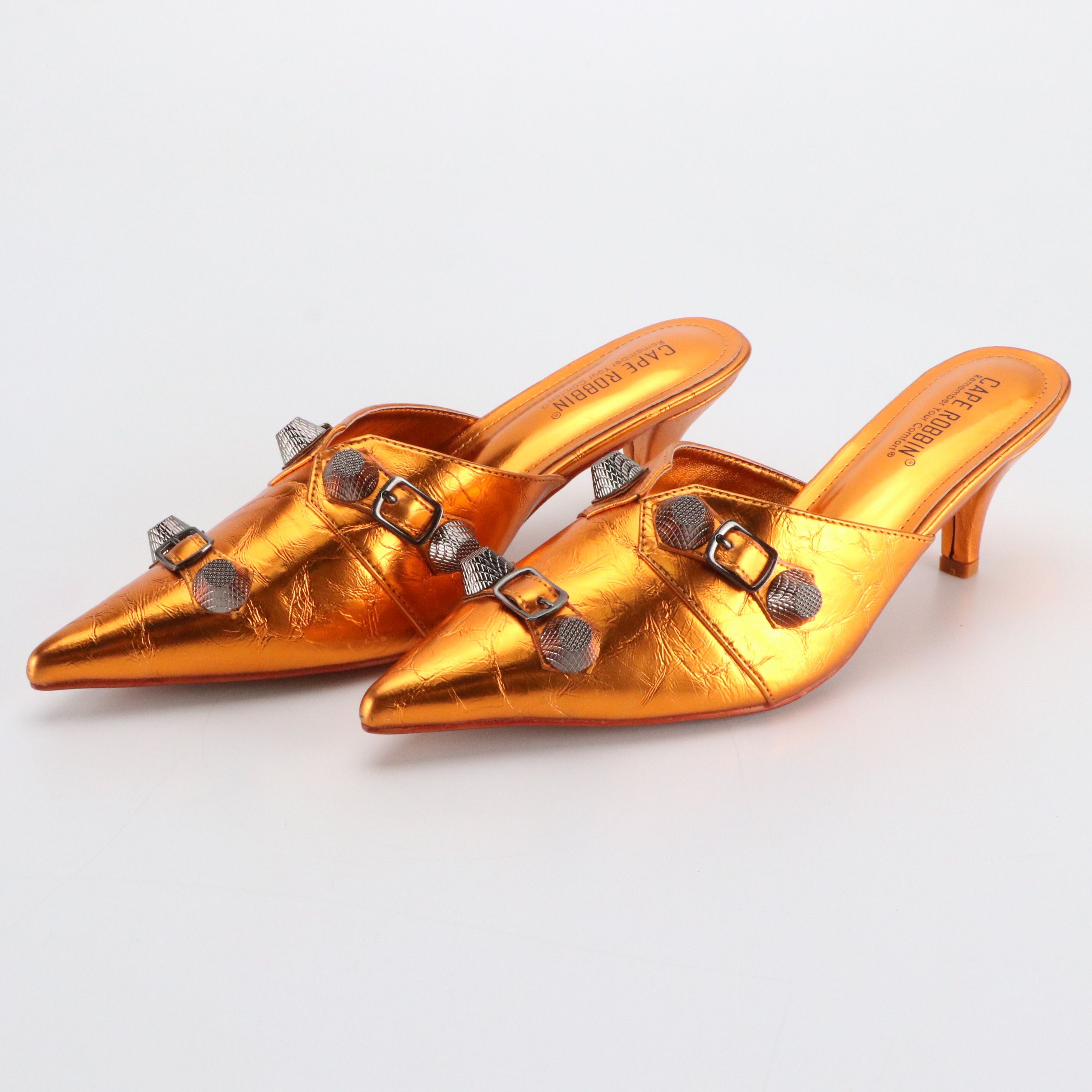 Cape Robbin Metallic Orange Leather Mule Heels, Sunkyung Sa Printed Scarf