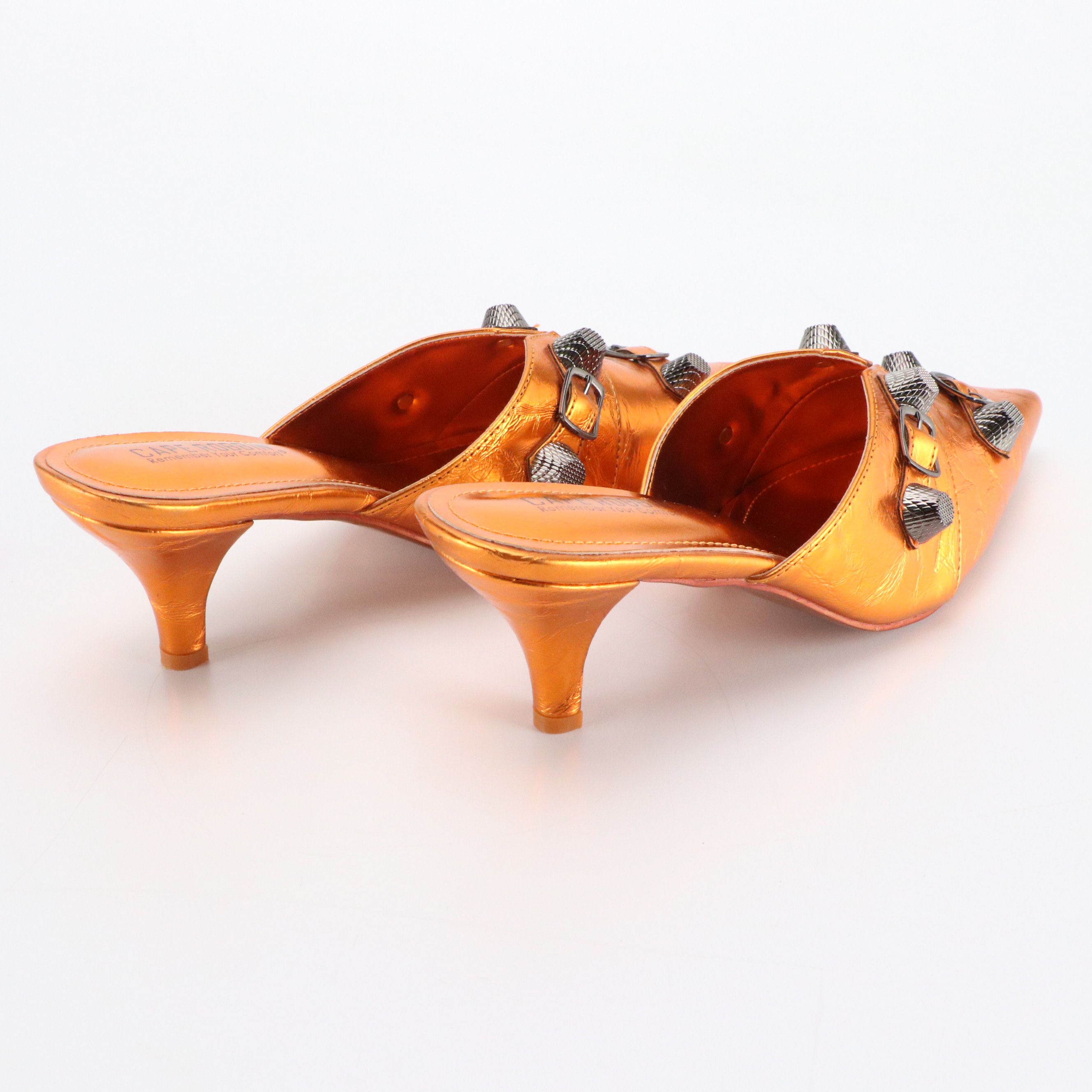 Cape Robbin Metallic Orange Leather Mule Heels, Sunkyung Sa Printed Scarf