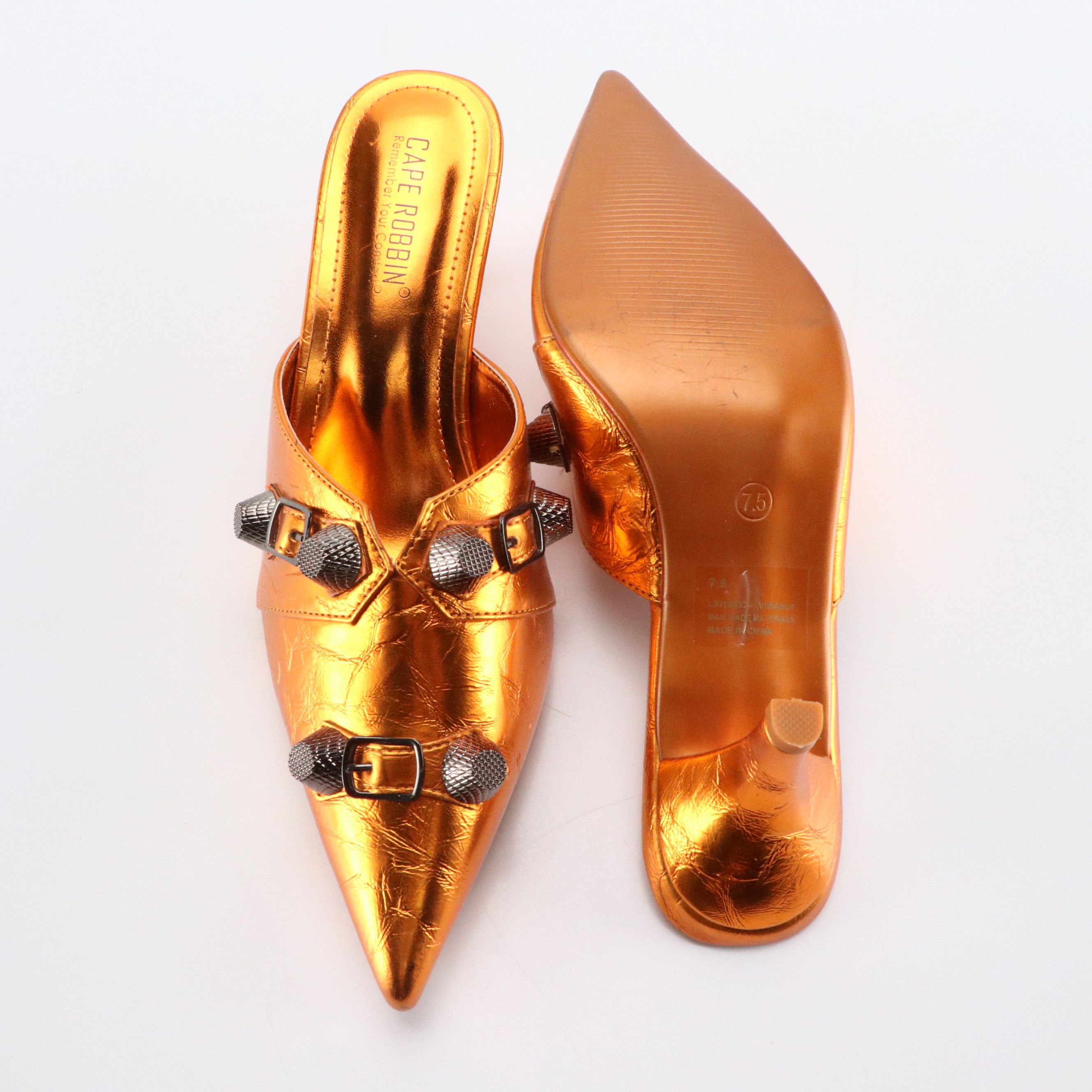 Cape Robbin Metallic Orange Leather Mule Heels, Sunkyung Sa Printed Scarf