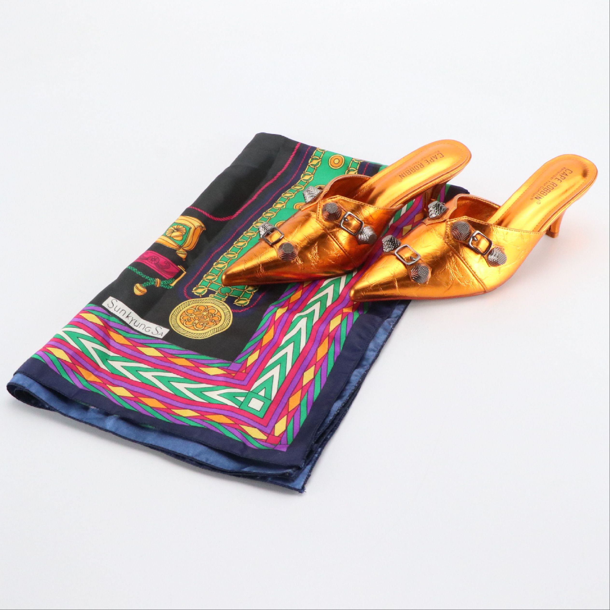 Cape Robbin Metallic Orange Leather Mule Heels, Sunkyung Sa Printed Scarf