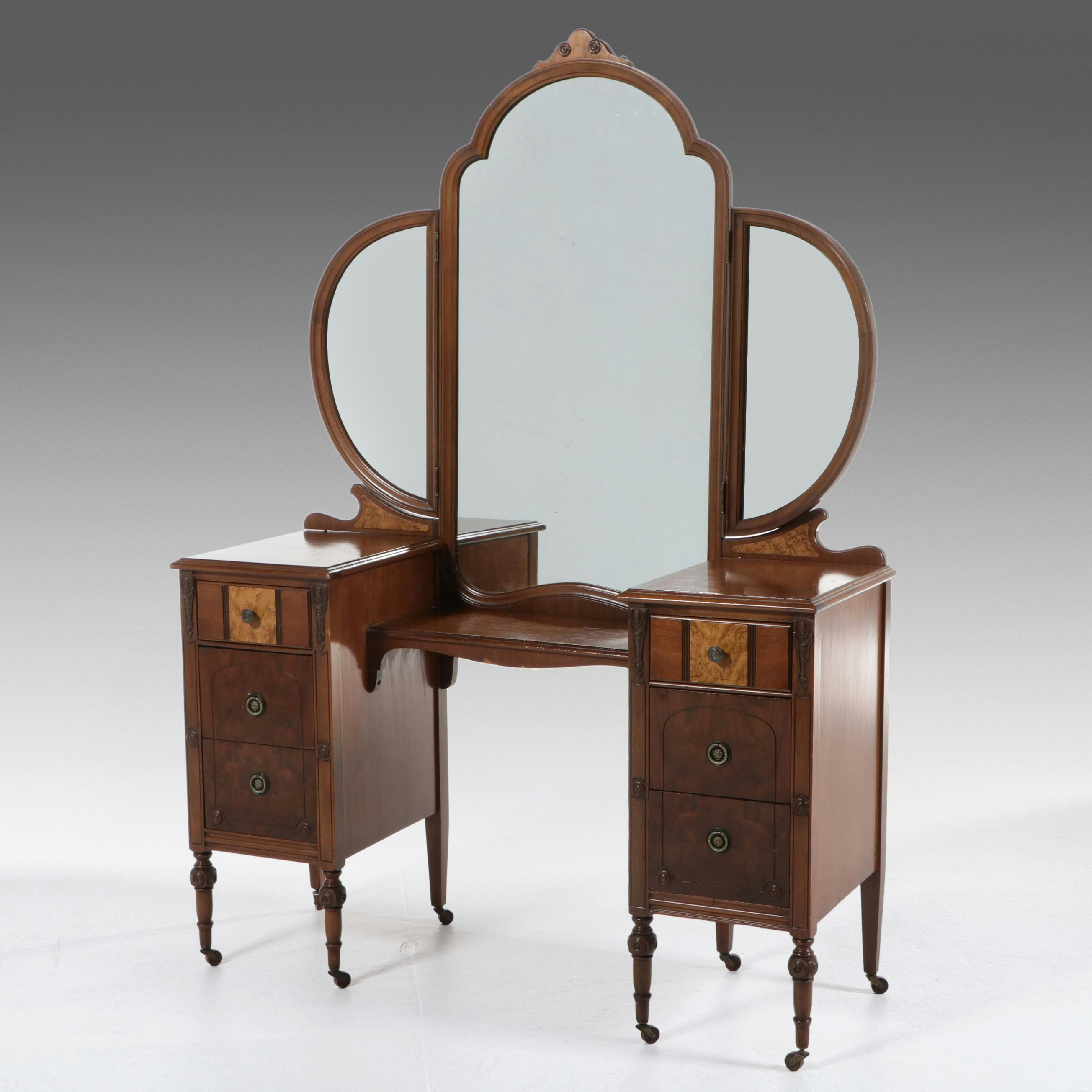 White Furniture Co. Hepplewhite Style Mahogany and Burl Vanity and Bench