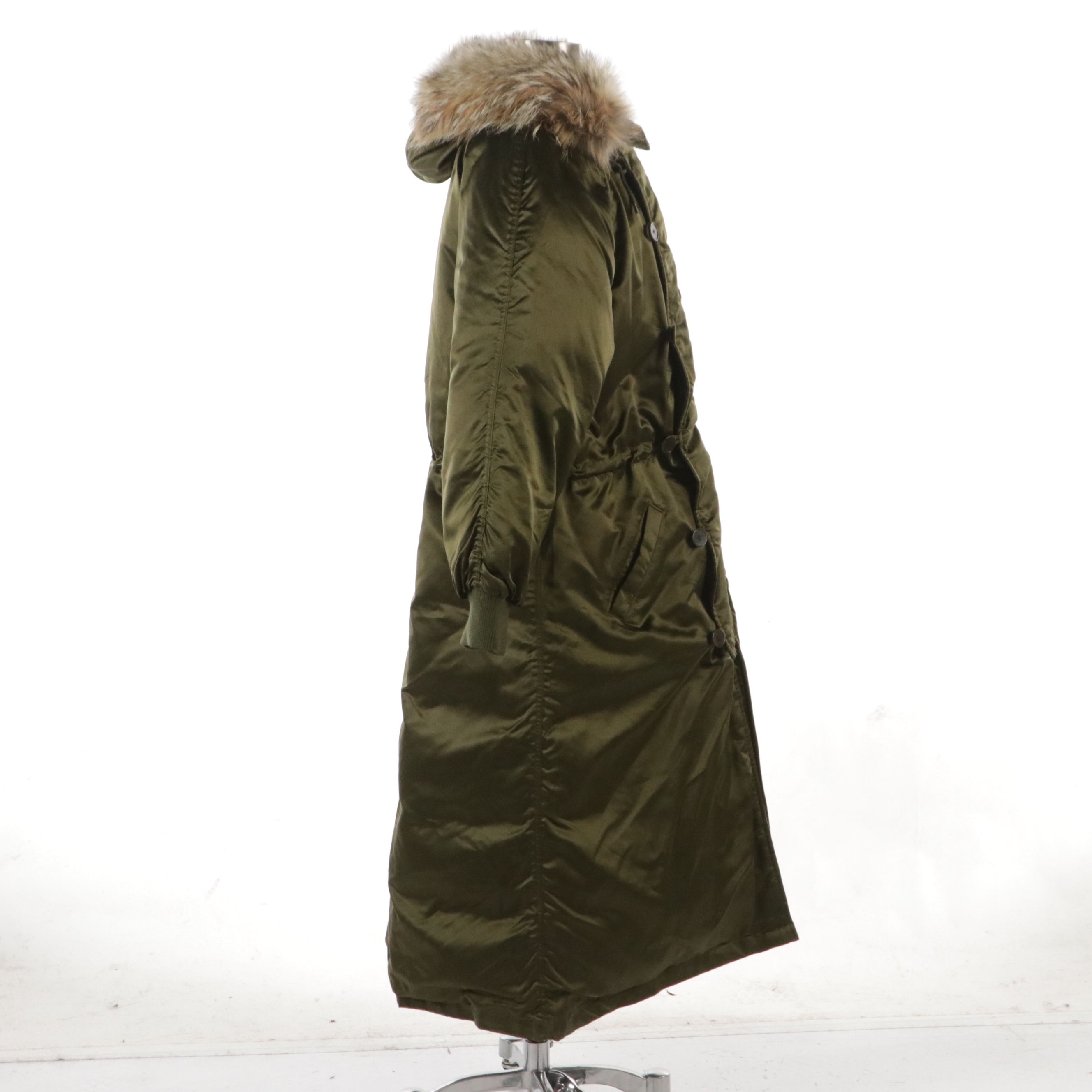 Ralph Lauren Collection Long Puffer Coat in Olive Green Silk with Fur Trim