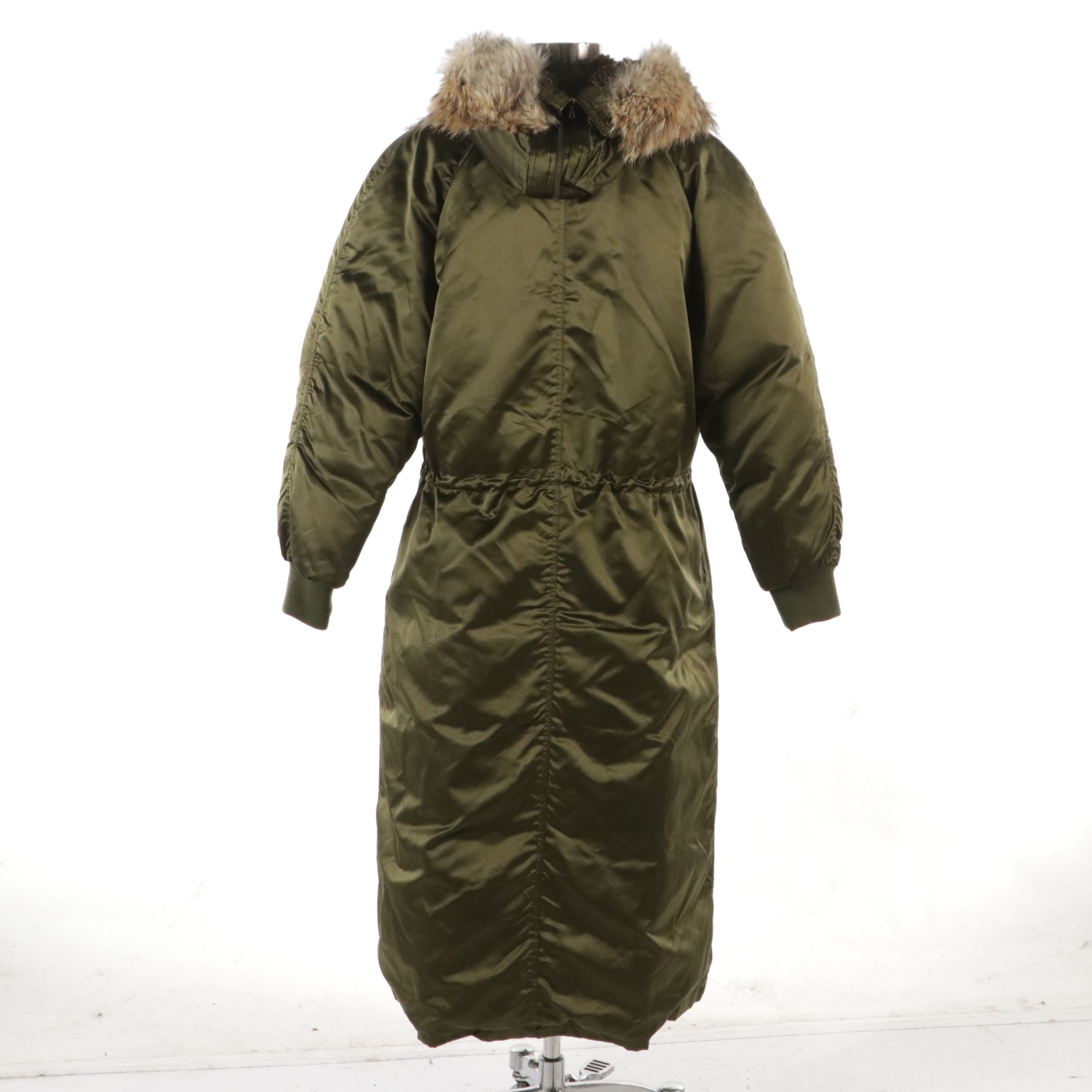 Ralph Lauren Collection Long Puffer Coat in Olive Green Silk with Fur Trim