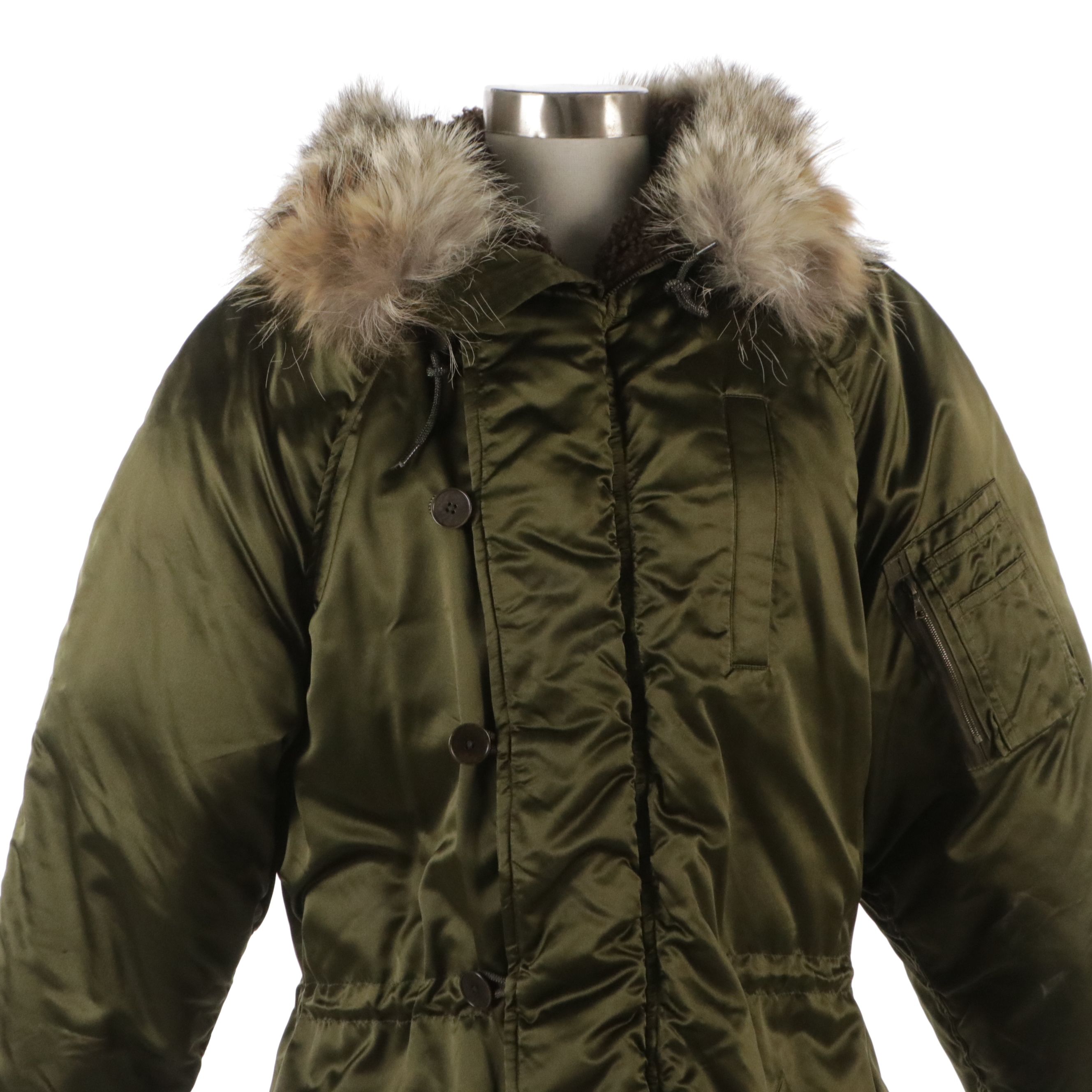 Ralph Lauren Collection Long Puffer Coat in Olive Green Silk with Fur Trim