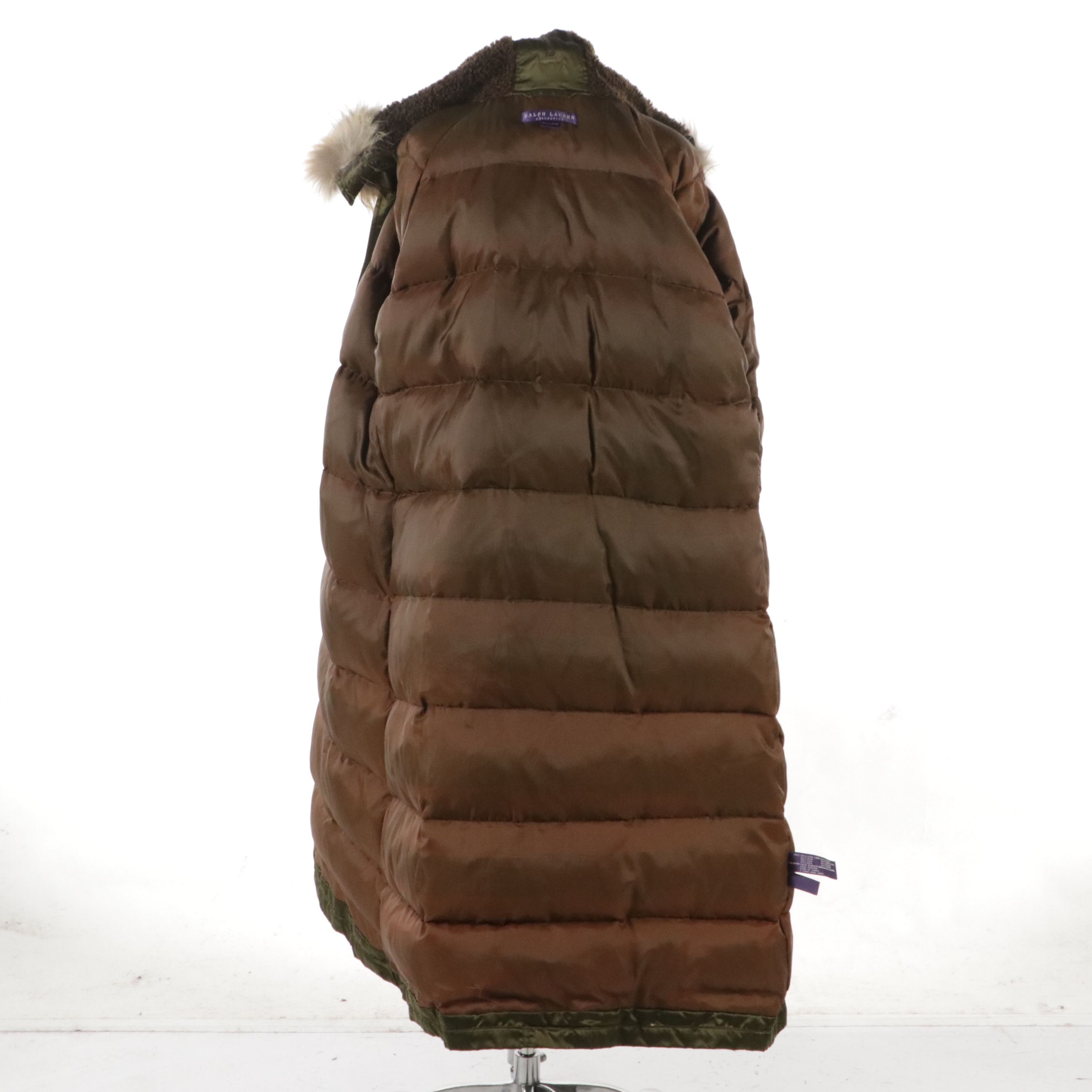 Ralph Lauren Collection Long Puffer Coat in Olive Green Silk with Fur Trim