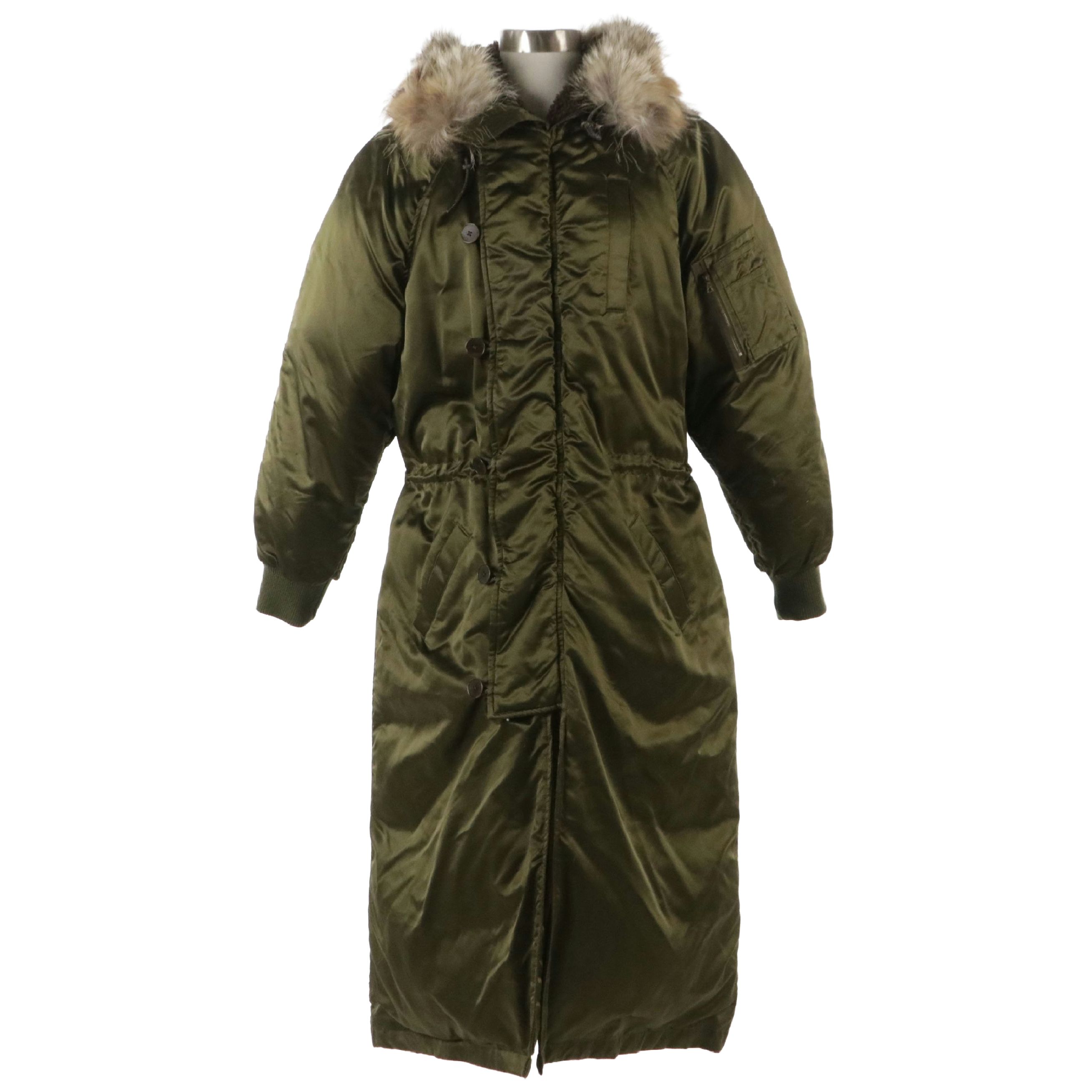 Ralph Lauren Collection Long Puffer Coat in Olive Green Silk with Fur Trim