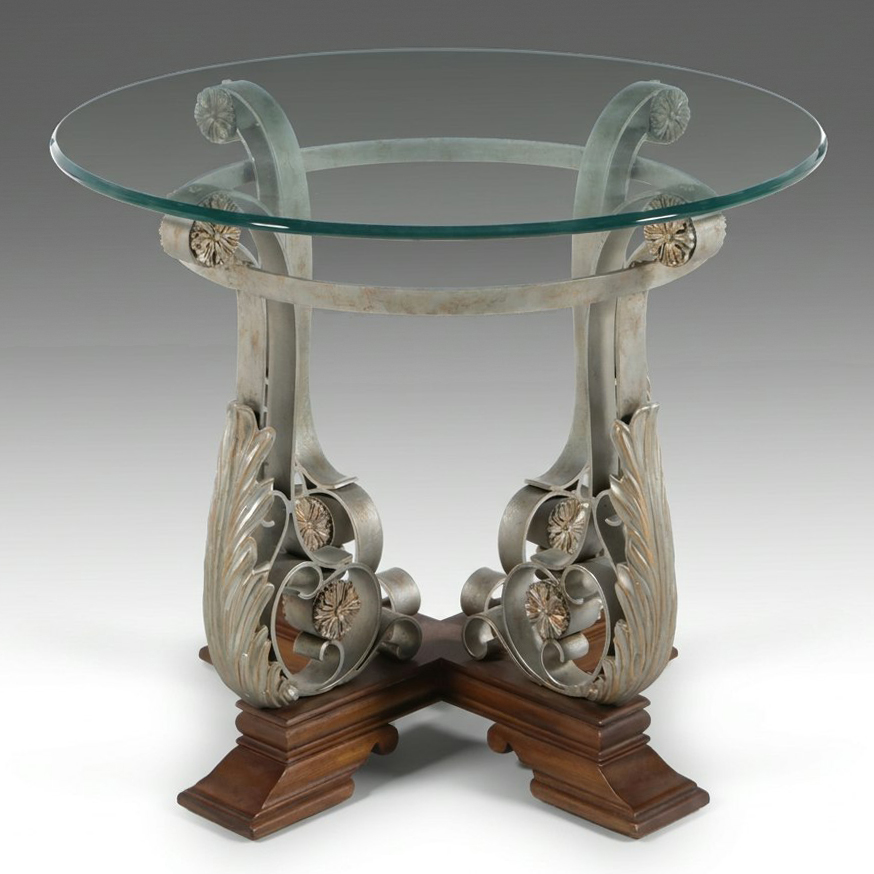 Modern Neoclassical Style Scrolled Iron and Glass Side Table