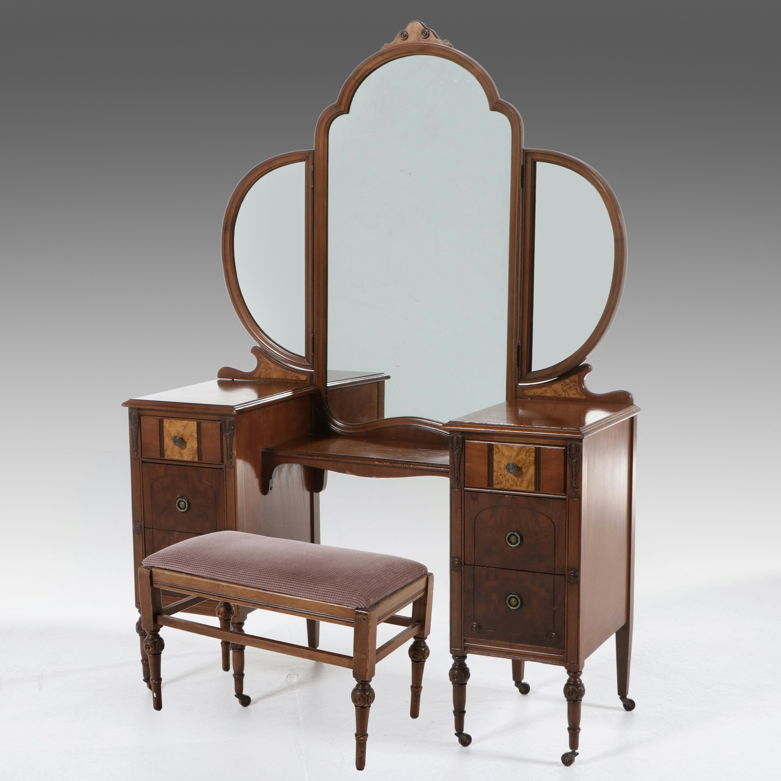 White Furniture Co. Hepplewhite Style Mahogany and Burl Vanity and Bench