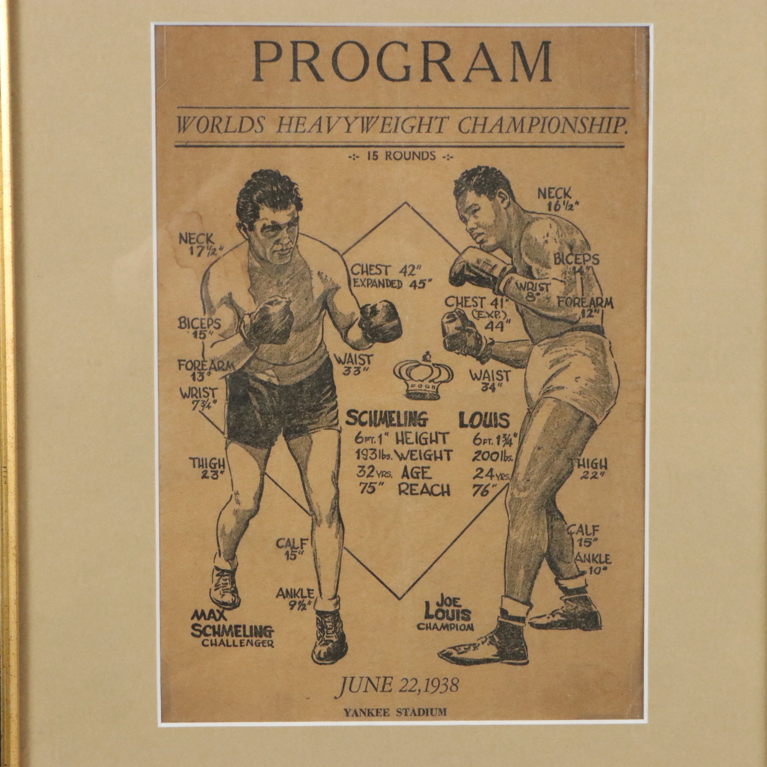 1936-1938 Joe Louis vs. Max Schmeling Boxing Match Program, Ticket and Card