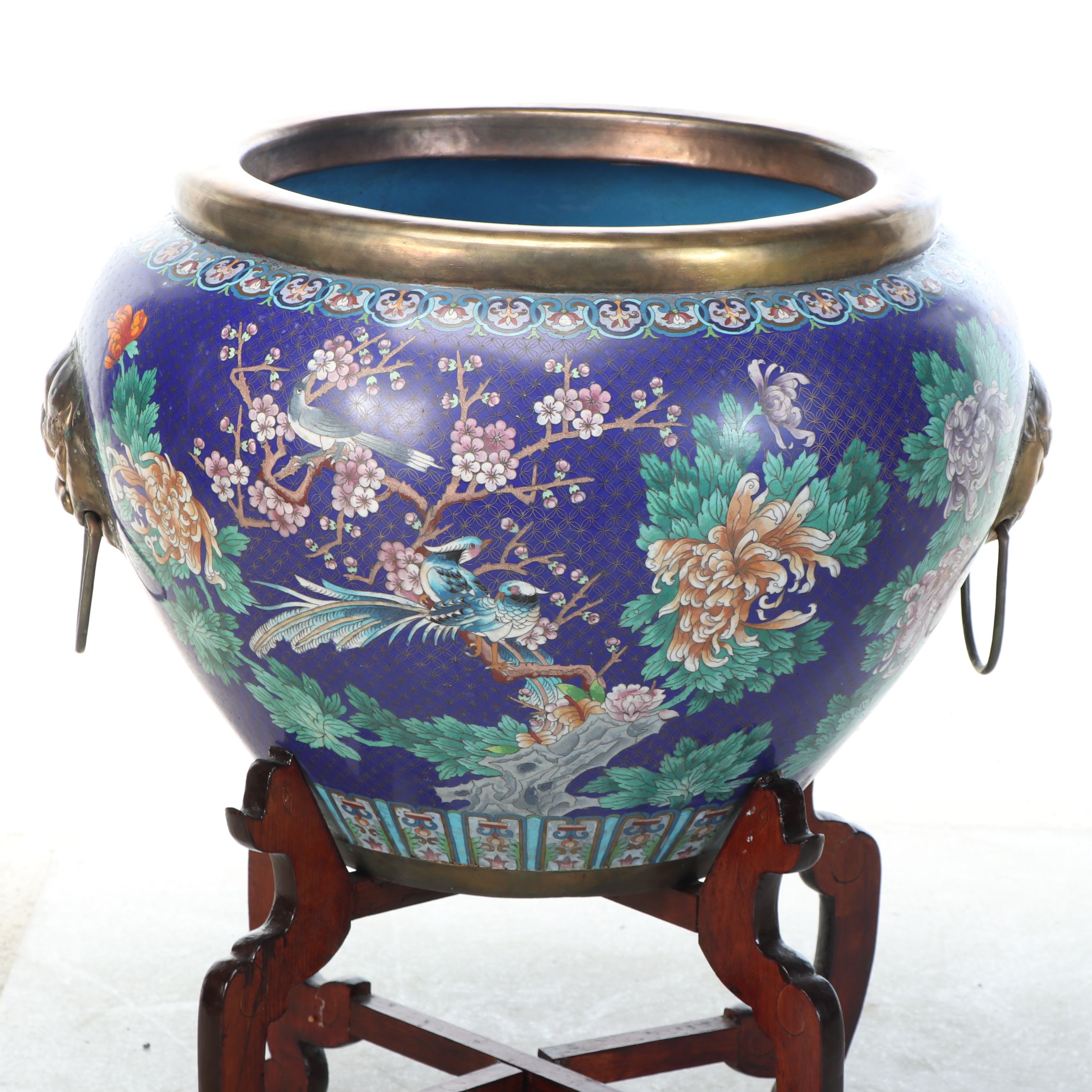 Chinese Cloisonné Enameled Planter with Painted Wood Stand, 20th Century