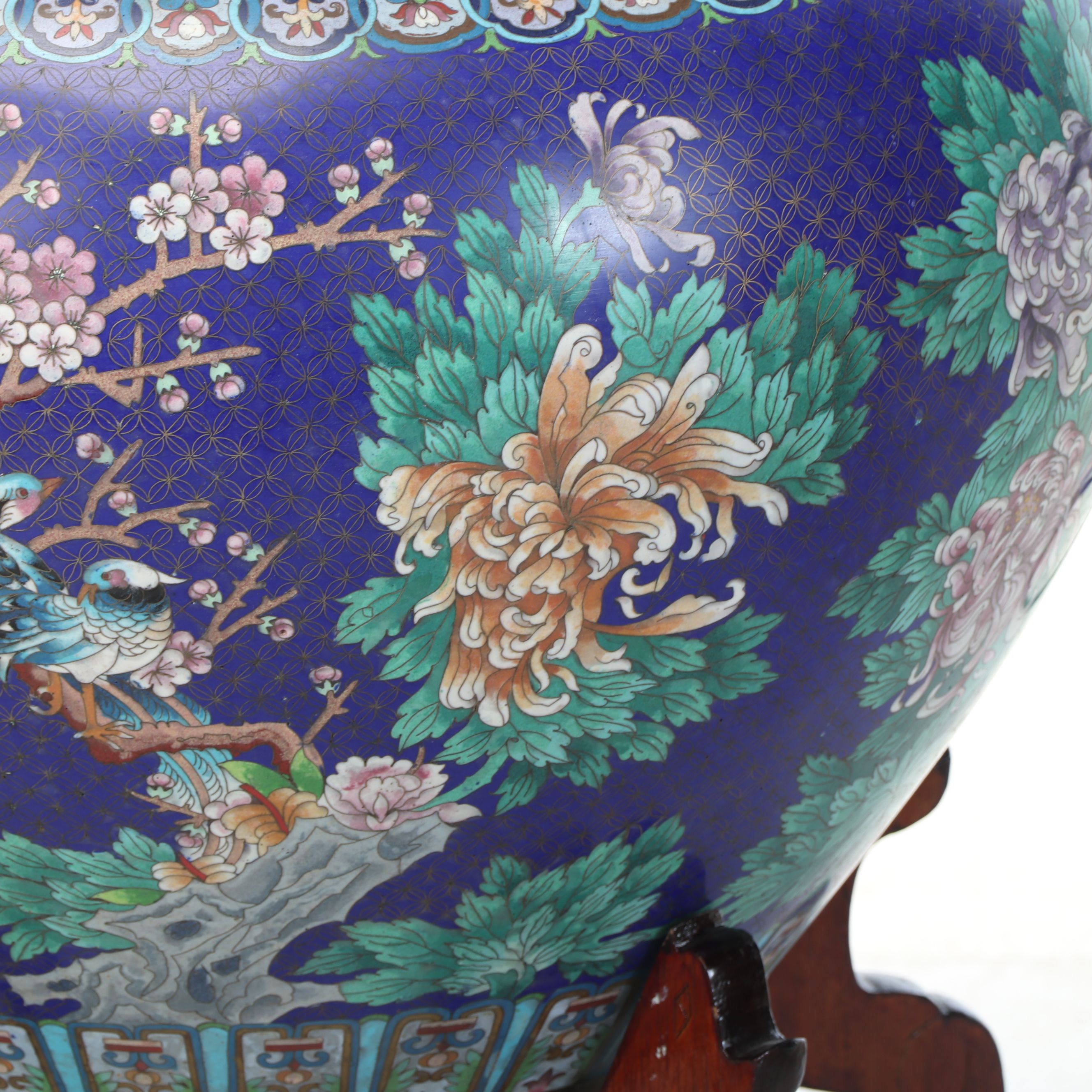 Chinese Cloisonné Enameled Planter with Painted Wood Stand, 20th Century