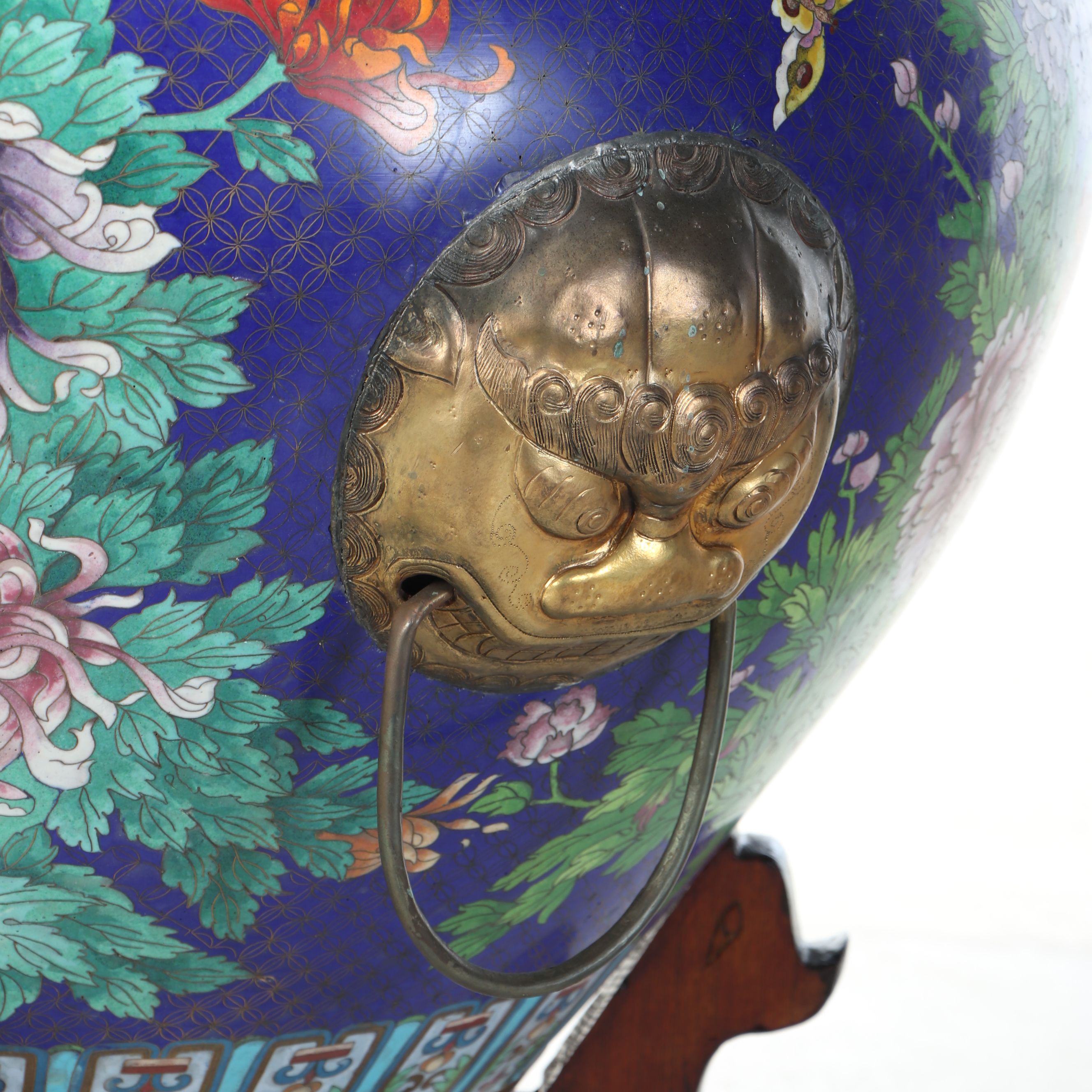 Chinese Cloisonné Enameled Planter with Painted Wood Stand, 20th Century