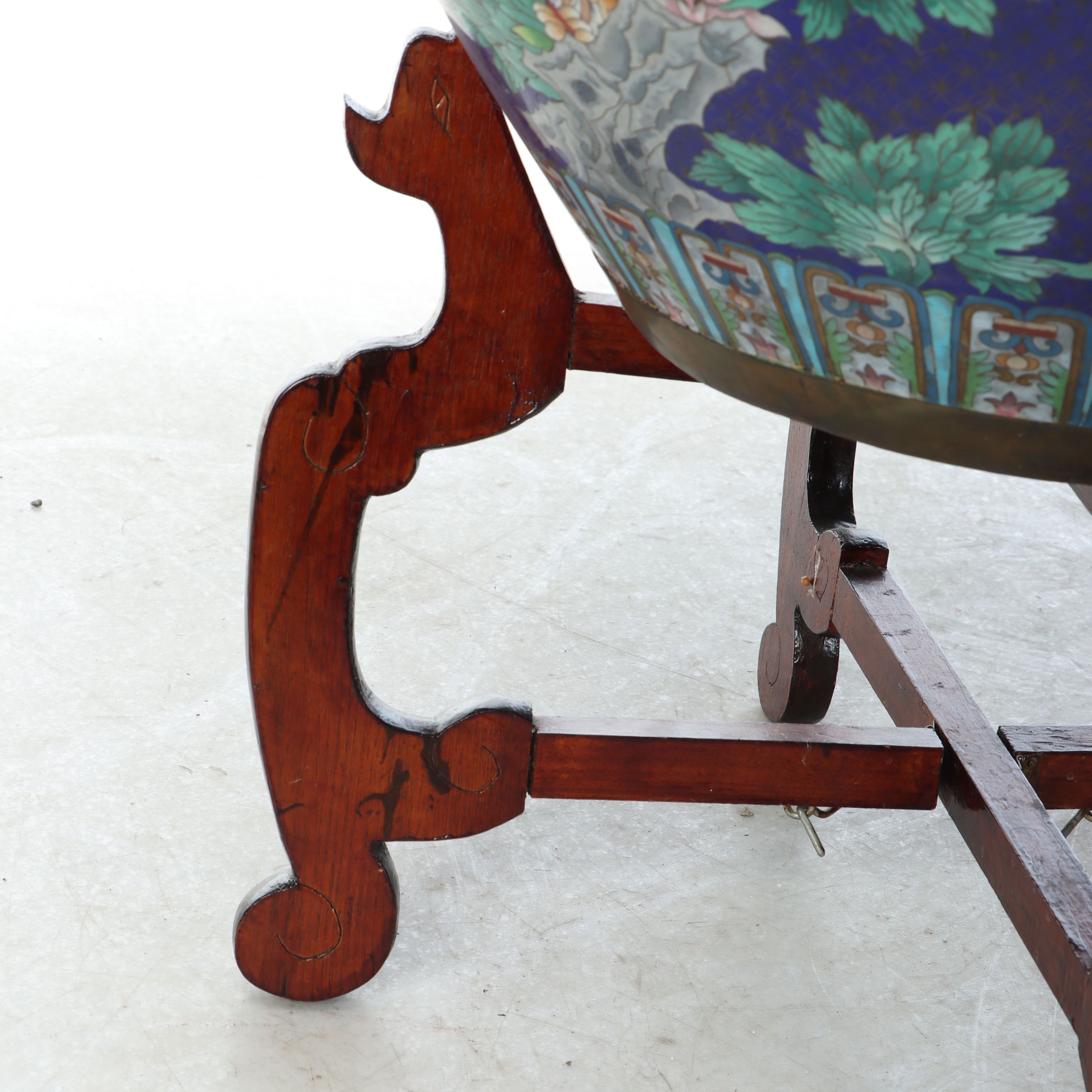 Chinese Cloisonné Enameled Planter with Painted Wood Stand, 20th Century