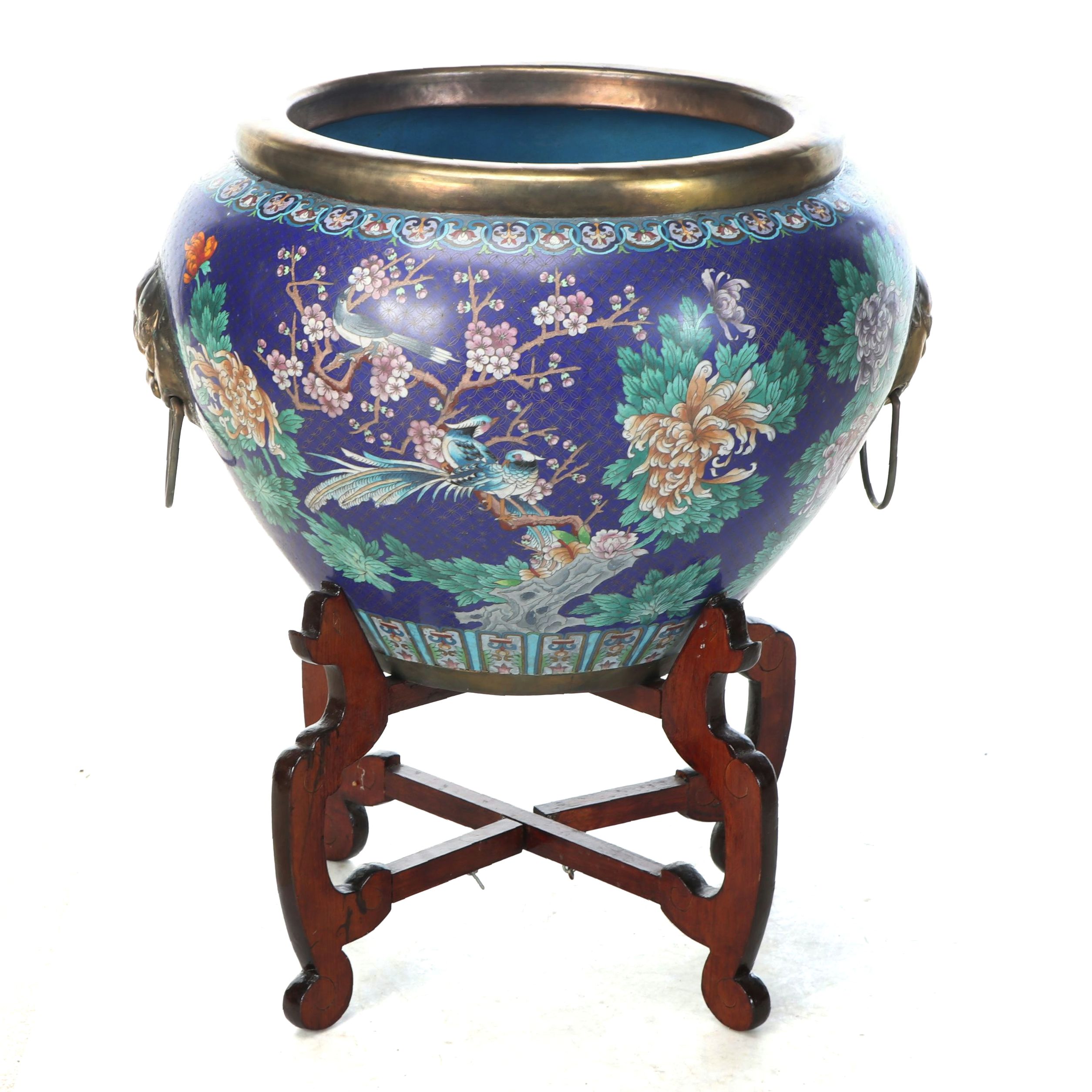 Chinese Cloisonné Enameled Planter with Painted Wood Stand, 20th Century