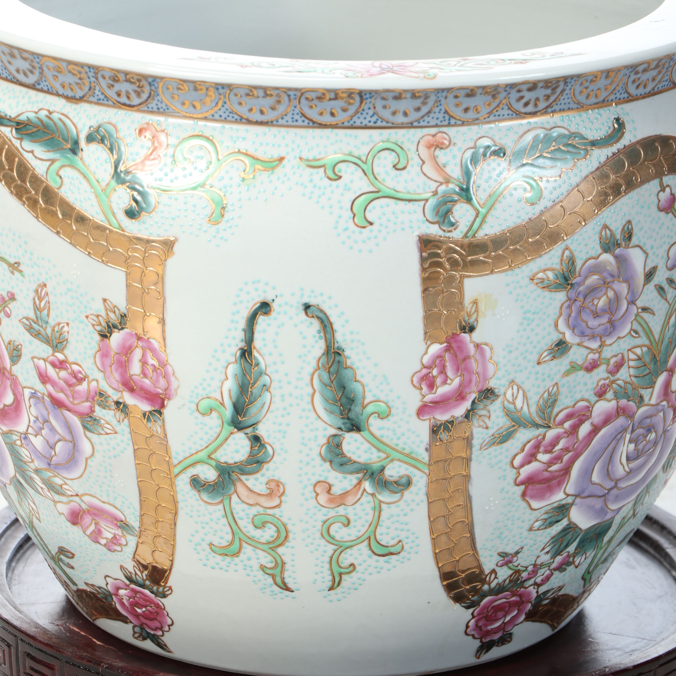 Chinese Gilt and Enameled Porcelain Fishbowl Planter with Wooden Stand