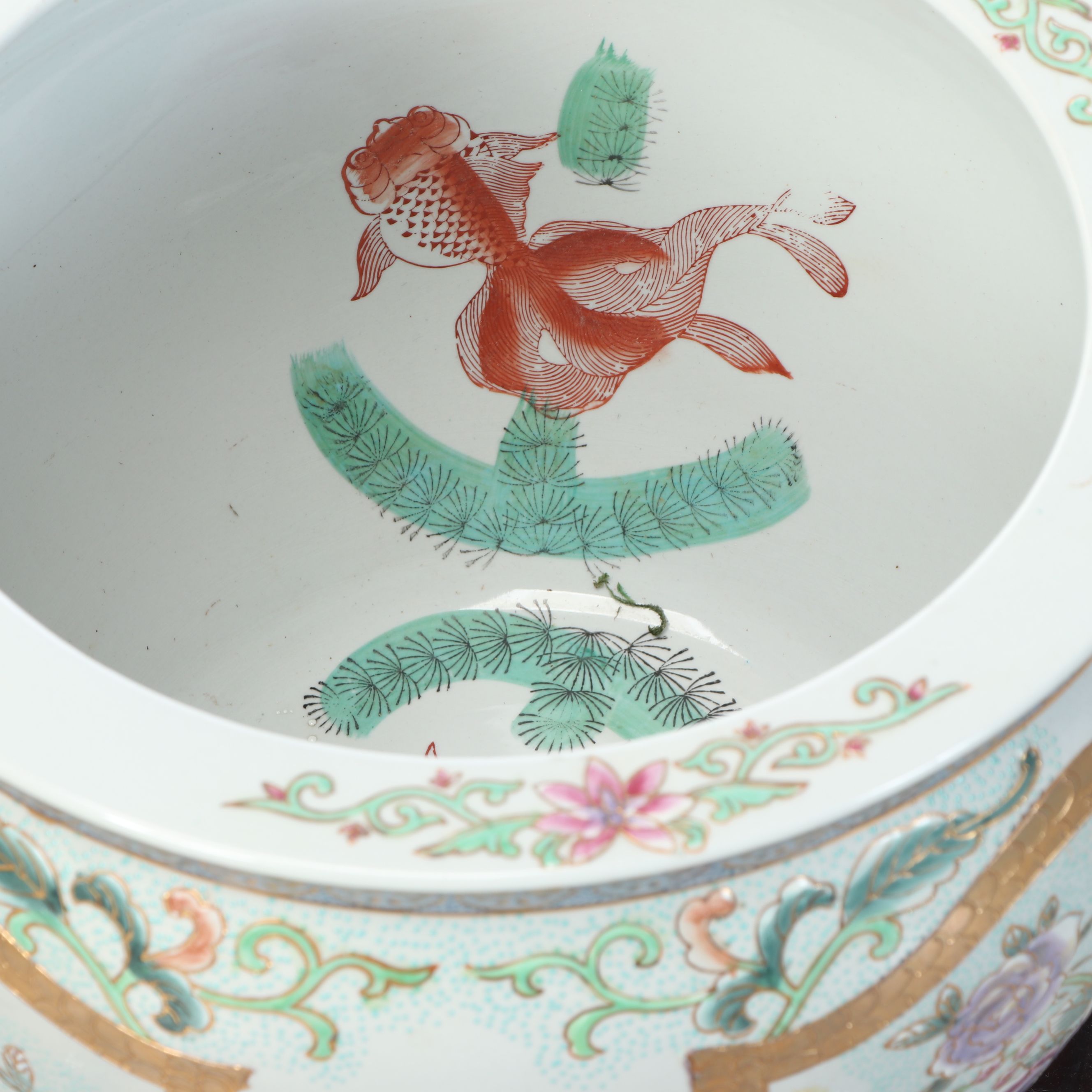 Chinese Gilt and Enameled Porcelain Fishbowl Planter with Wooden Stand