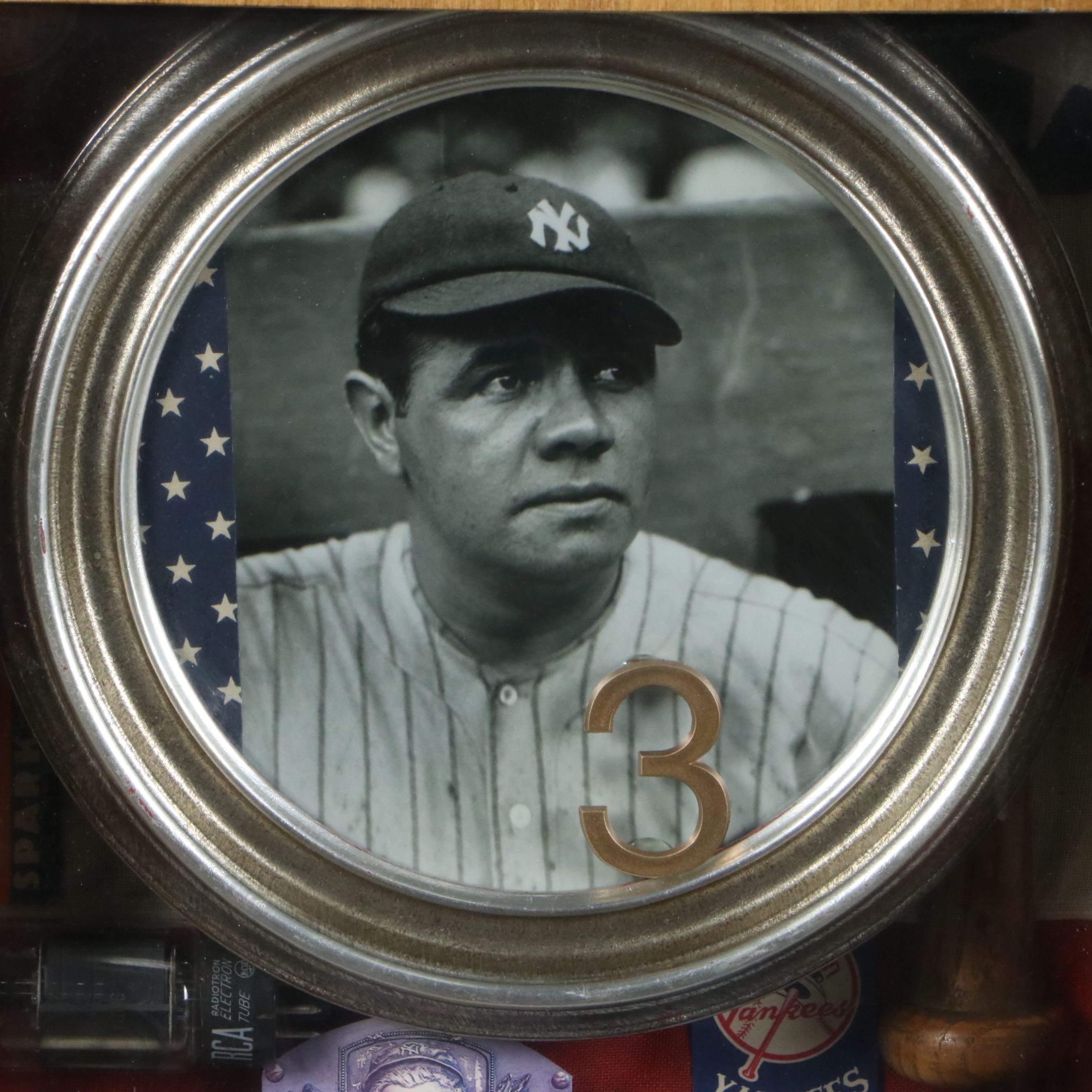 Babe Ruth Memorabilia Assemblage in Shadowbox Including Photographs, 20th C.