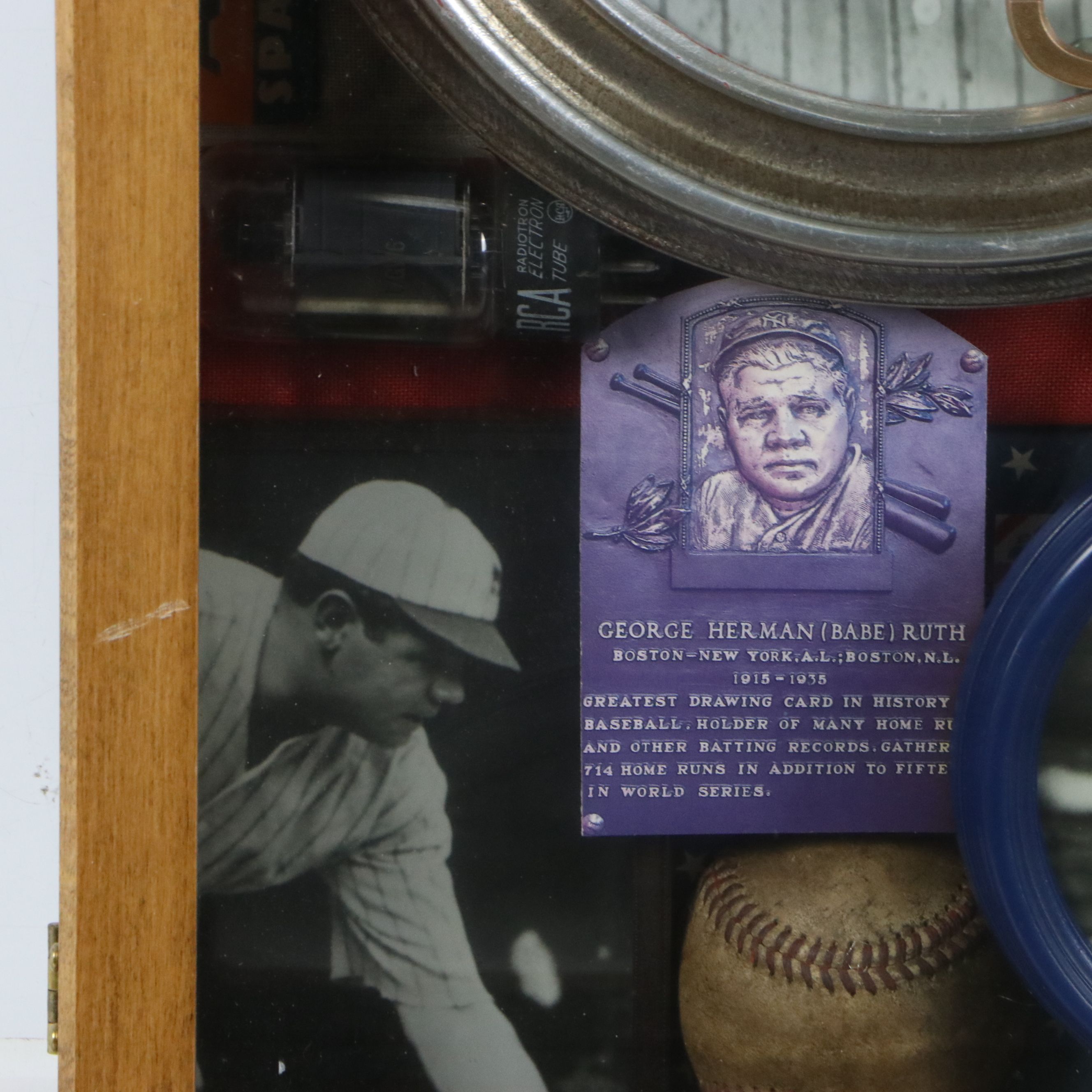 Babe Ruth Memorabilia Assemblage in Shadowbox Including Photographs, 20th C.