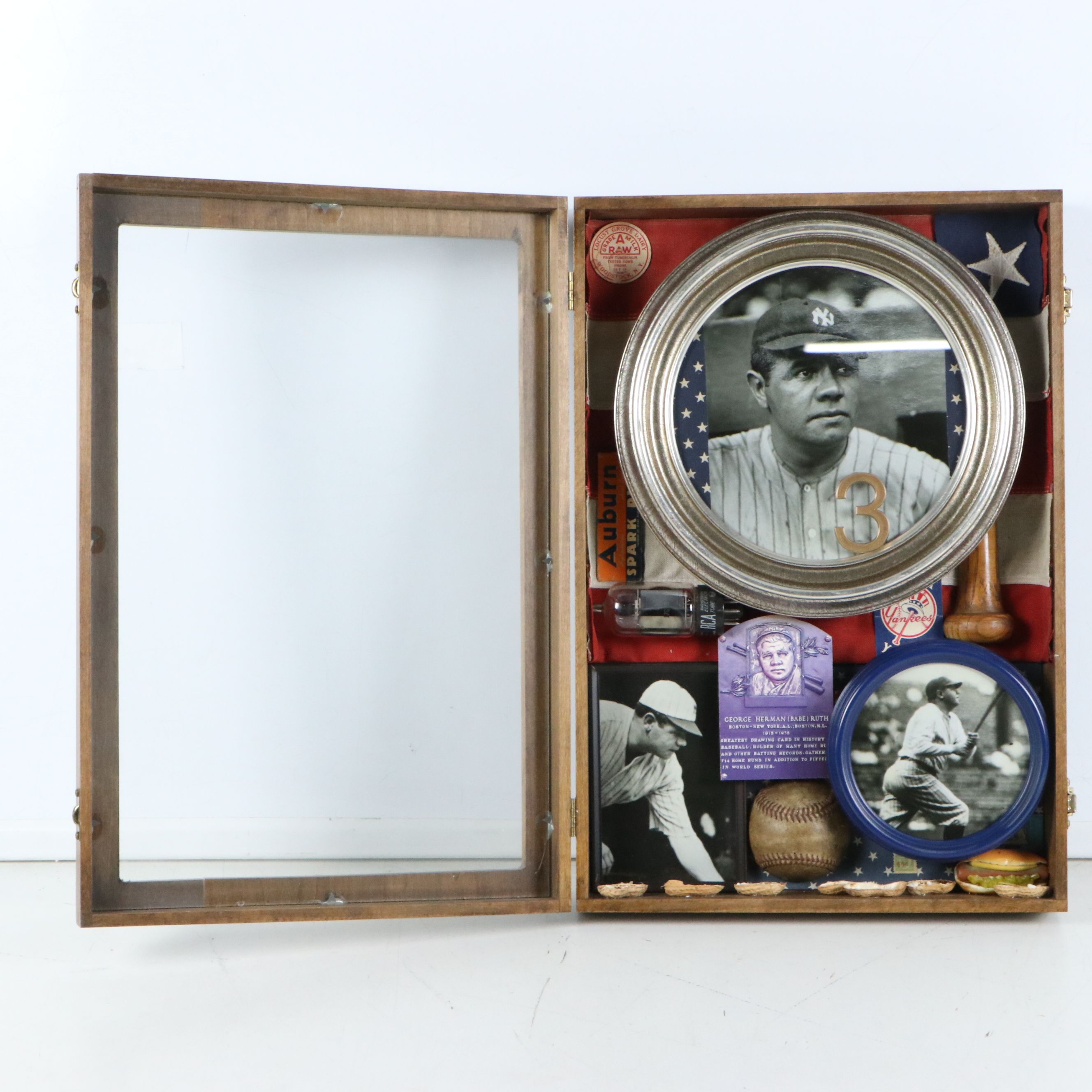 Babe Ruth Memorabilia Assemblage in Shadowbox Including Photographs, 20th C.