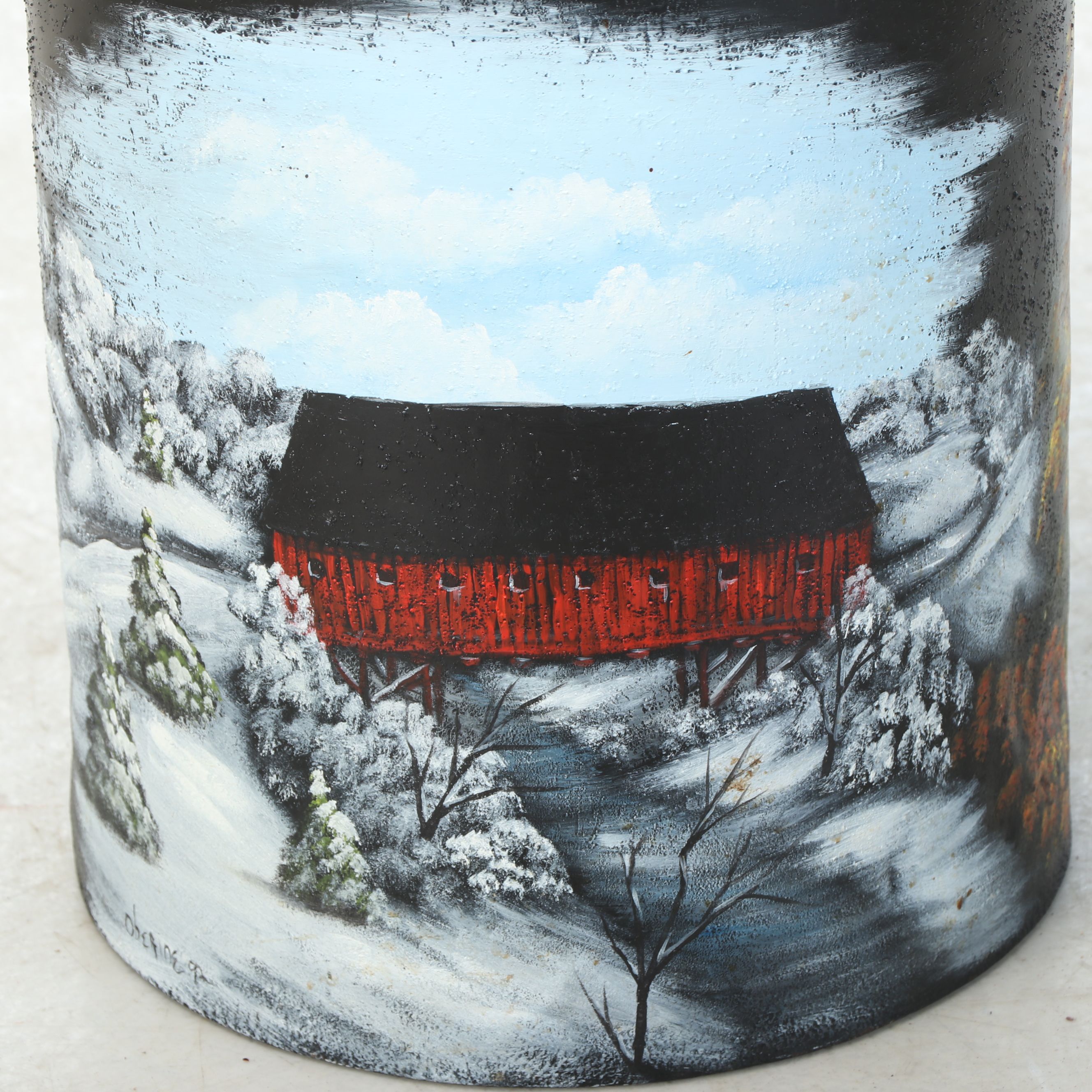 Hand-Painted Pastoral Winter and Fall Scene Milk Jug, 20th Century