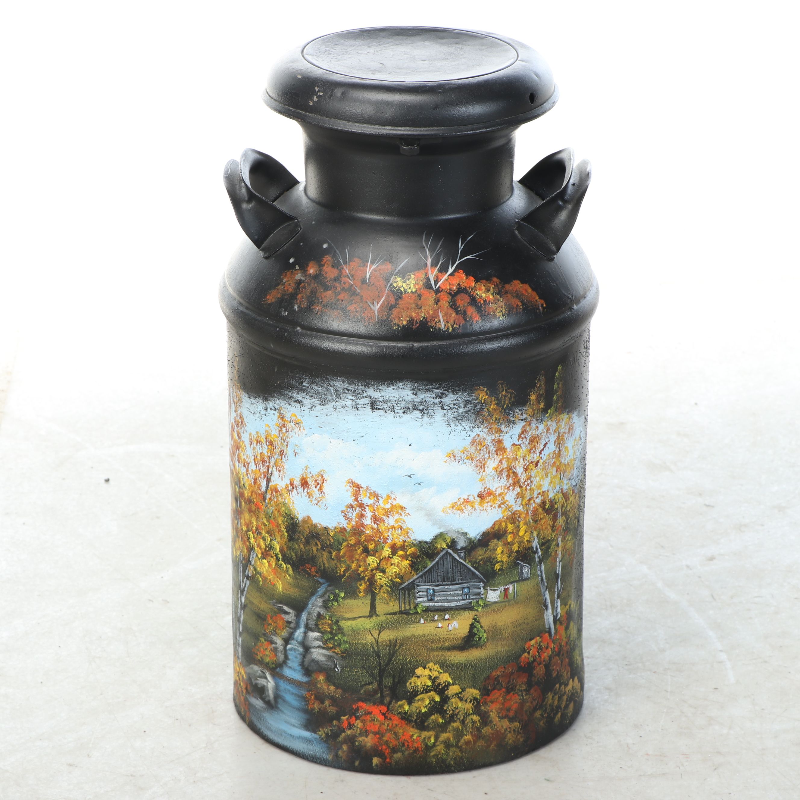 Hand-Painted Pastoral Winter and Fall Scene Milk Jug, 20th Century