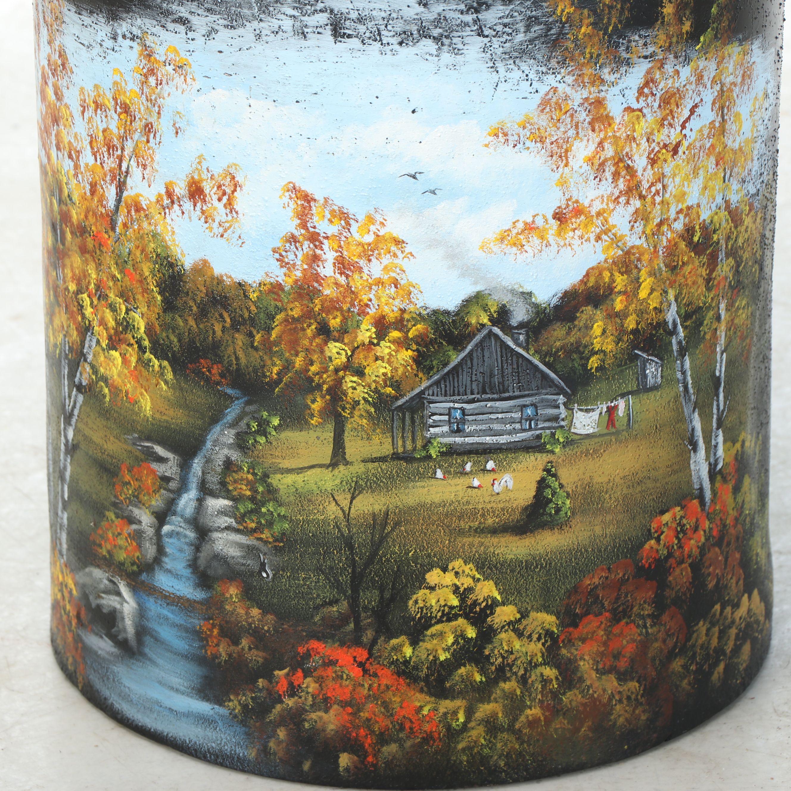 Hand-Painted Pastoral Winter and Fall Scene Milk Jug, 20th Century