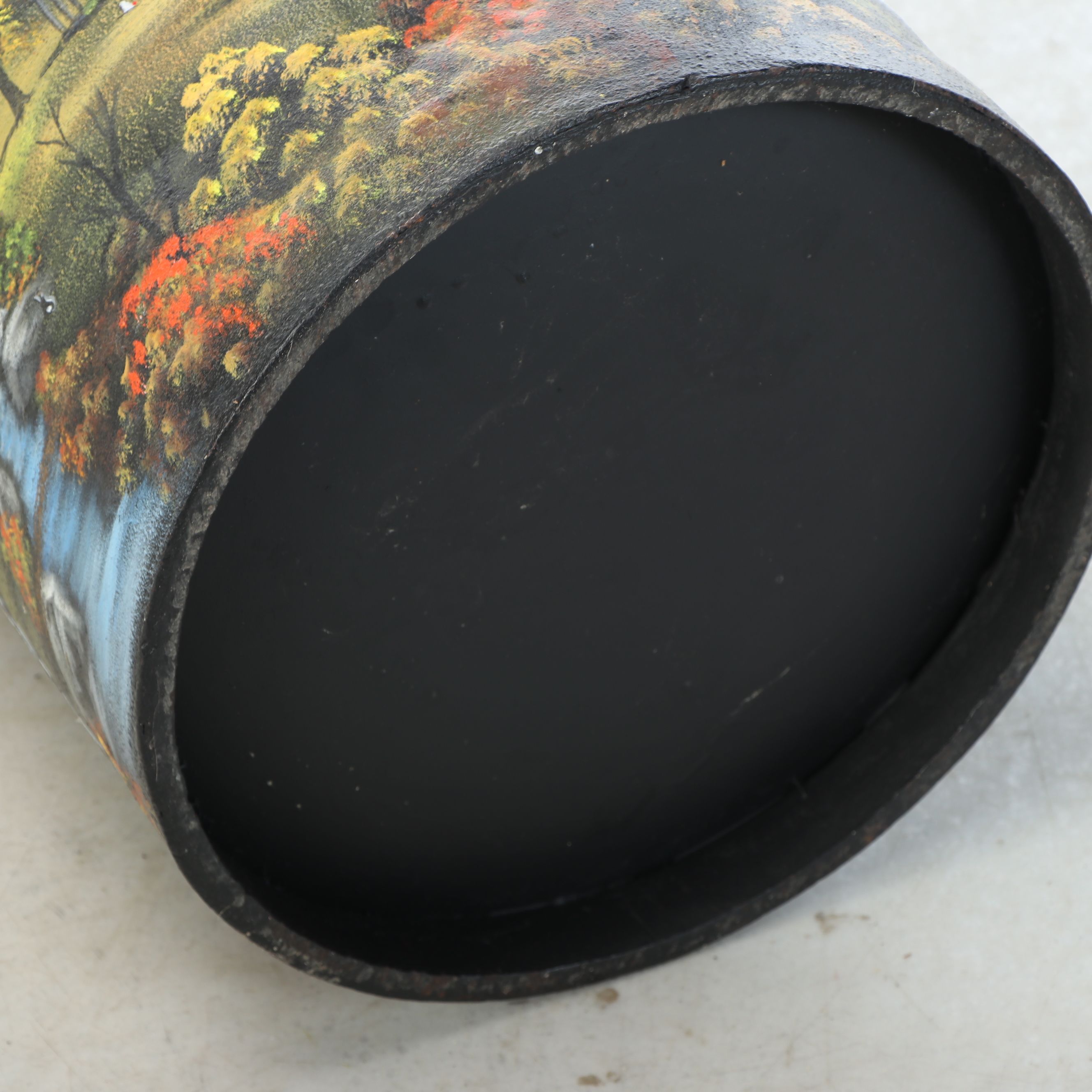 Hand-Painted Pastoral Winter and Fall Scene Milk Jug, 20th Century