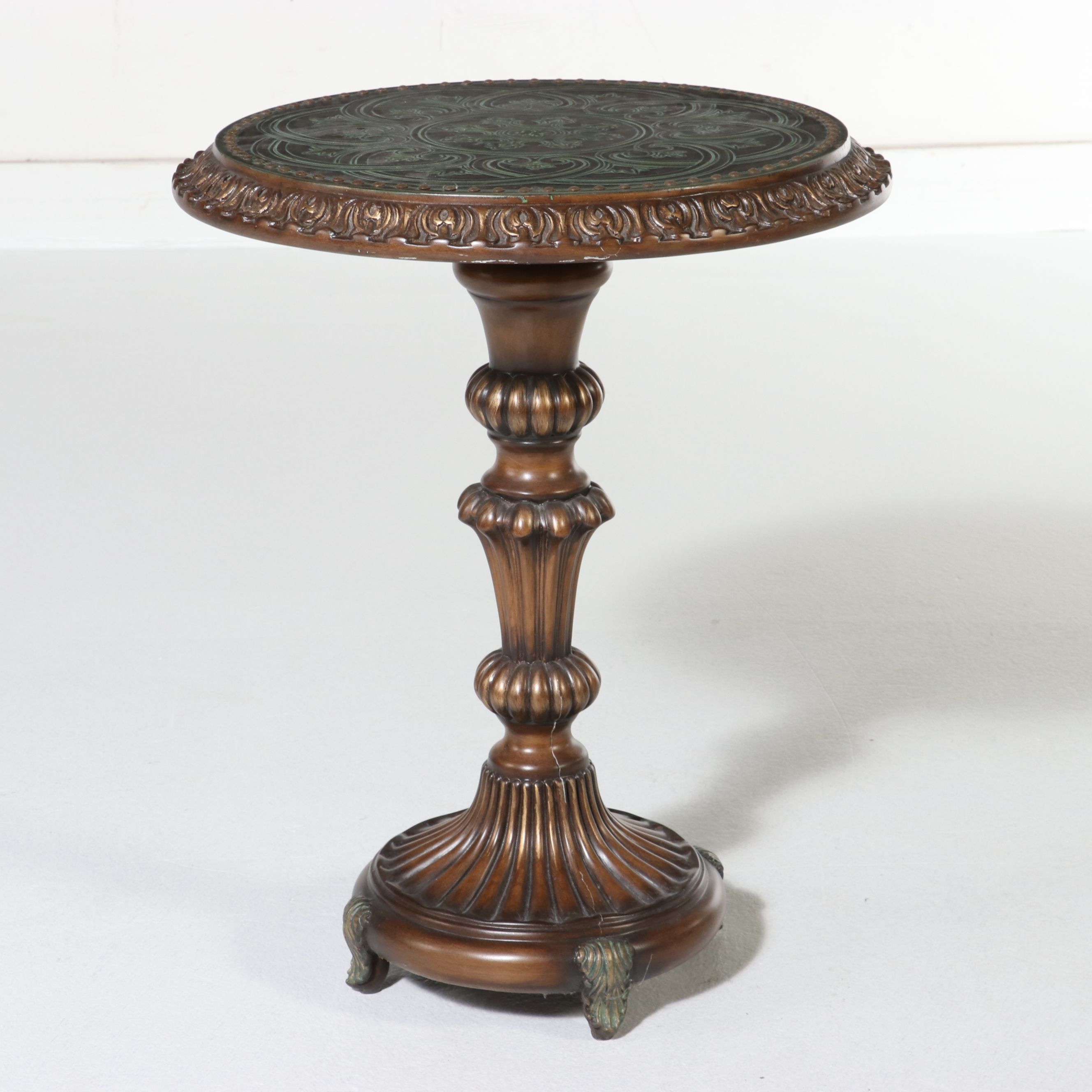 Pulaski Furniture Neoclassical Style Embossed Metal Top Pedestal Table