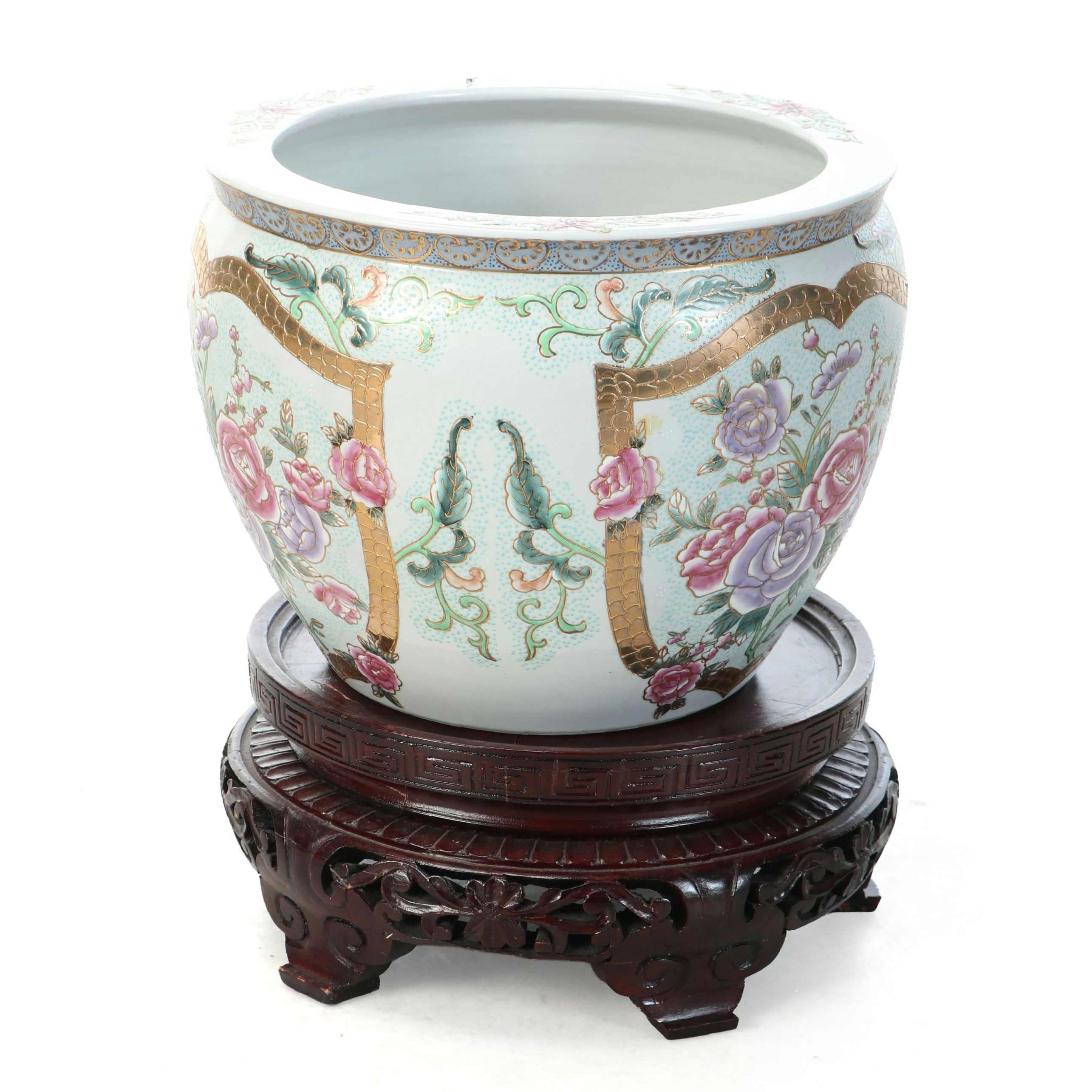 Chinese Gilt and Enameled Porcelain Fishbowl Planter with Wooden Stand