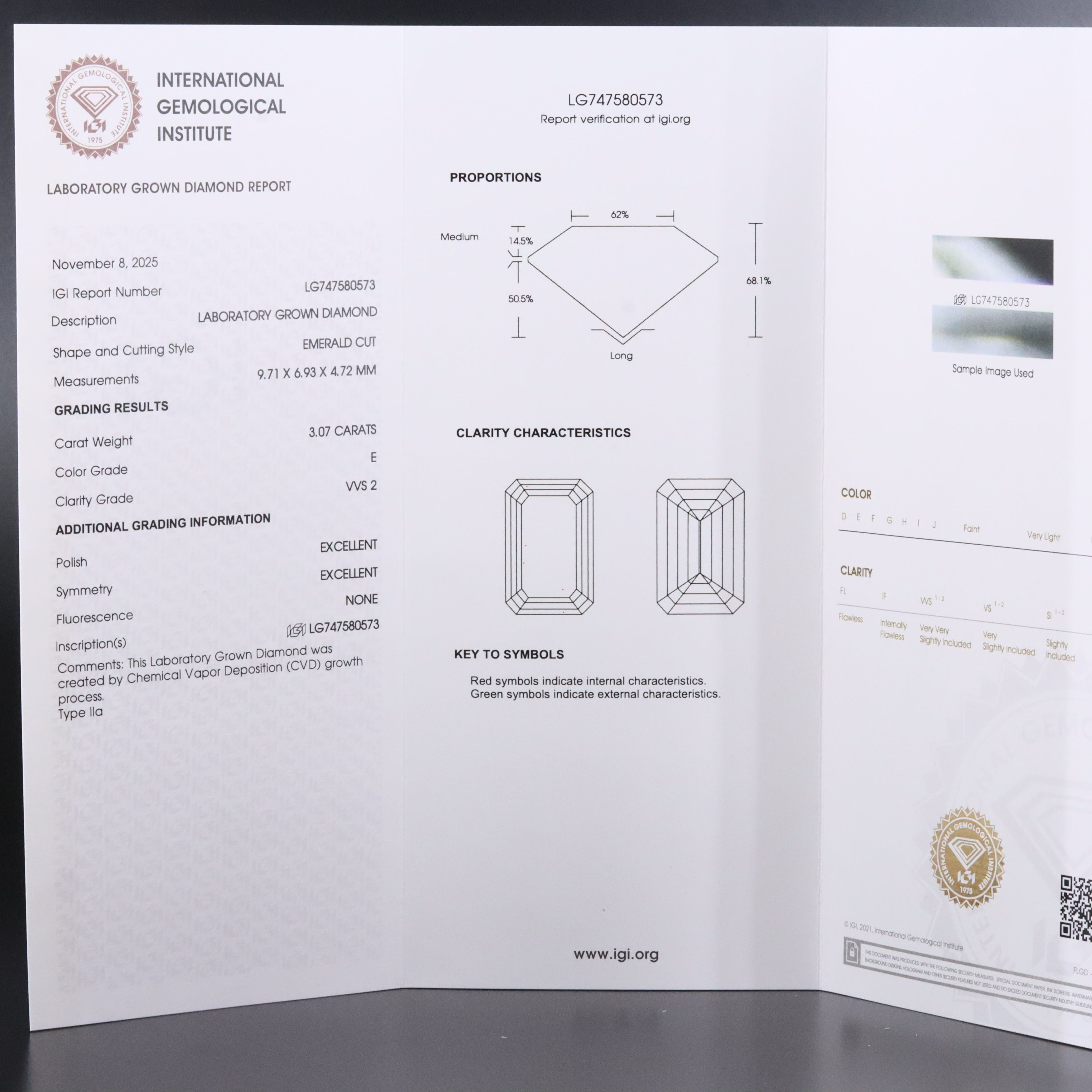 Loose 3.07 CT Lab Grown Diamond with IGI Report