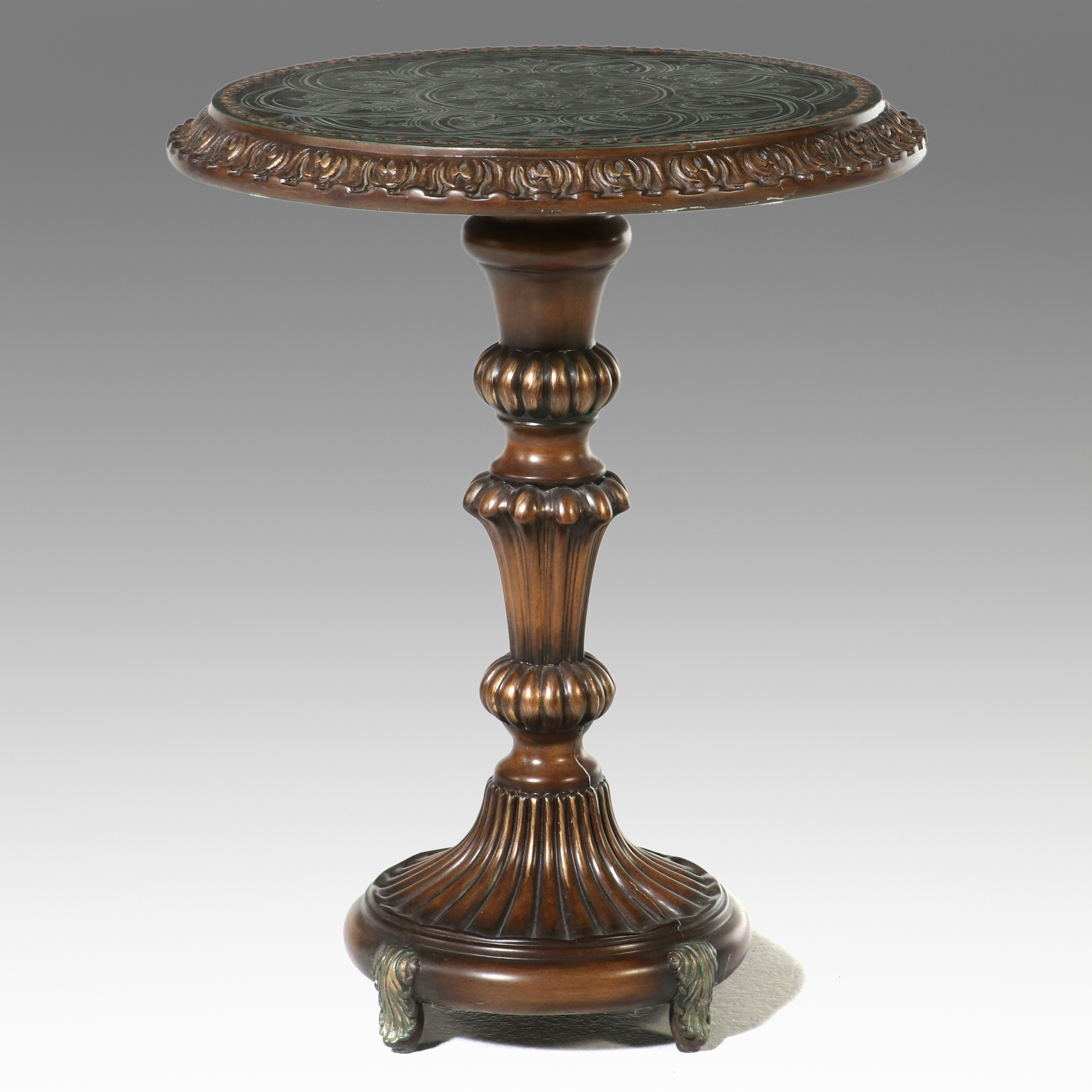 Pulaski Furniture Neoclassical Style Embossed Metal Top Pedestal Table