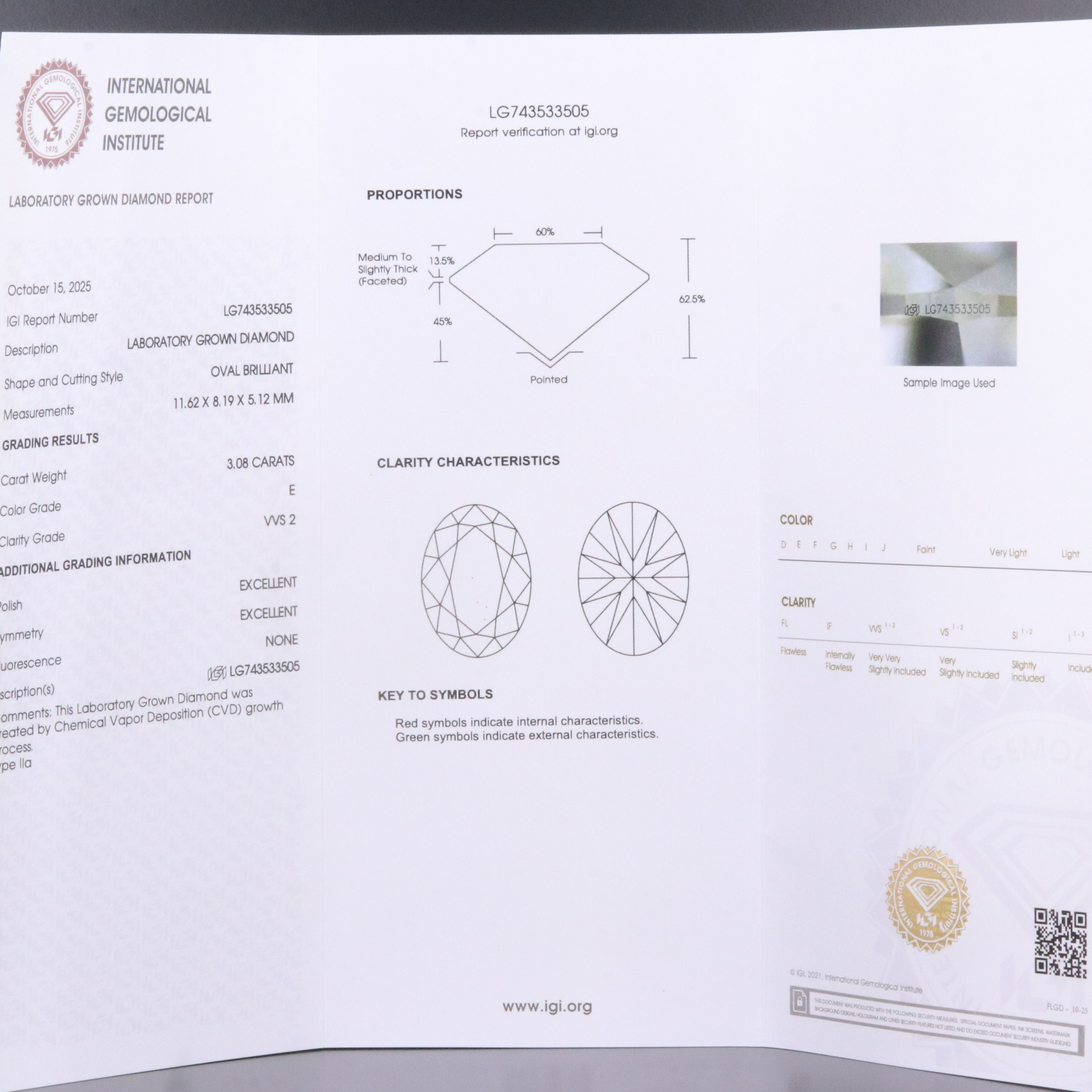 Loose 3.08 CT Lab Grown Diamond with IGI Report