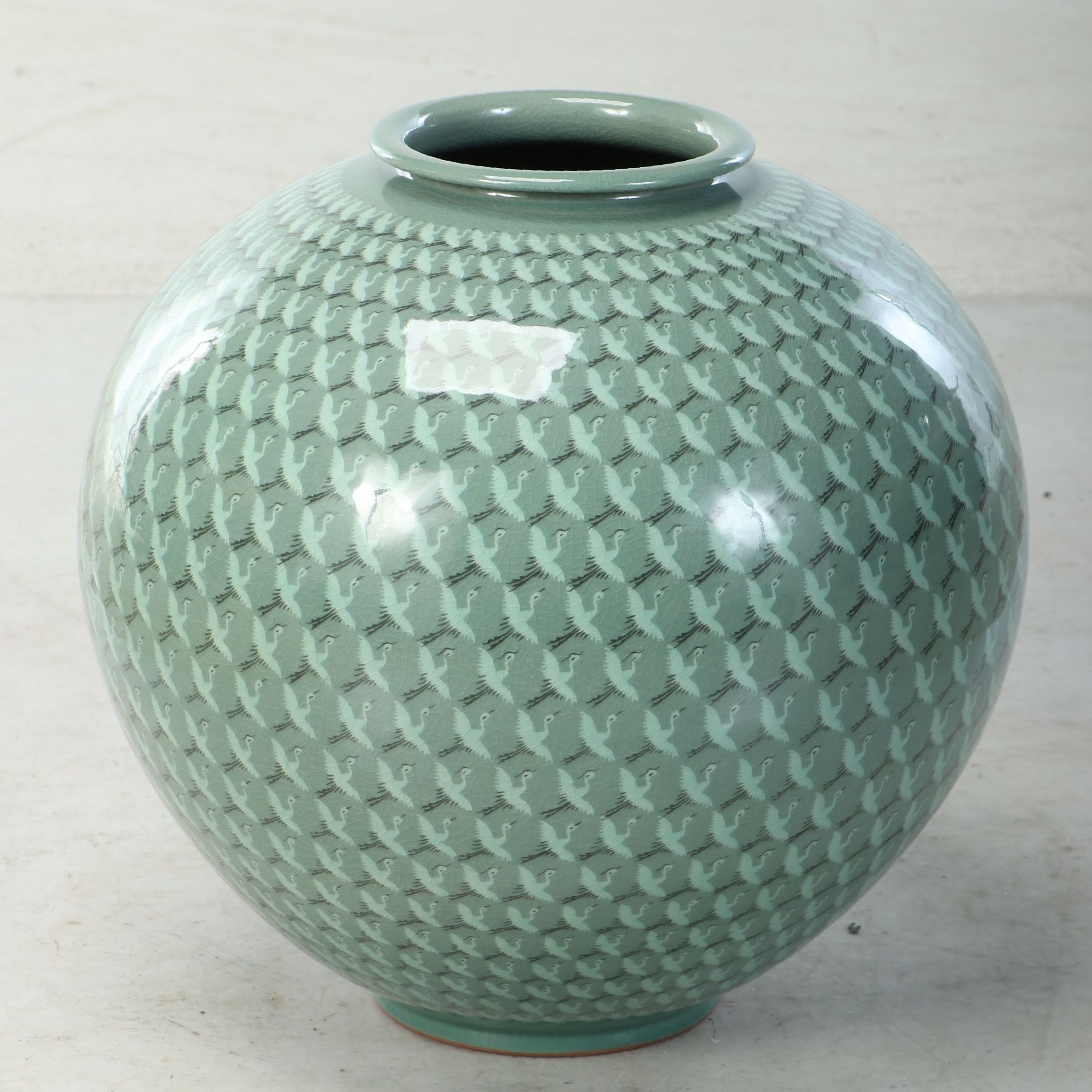 Korean Style "Thousand Cranes" Celadon Crackle Glaze Moon Jar