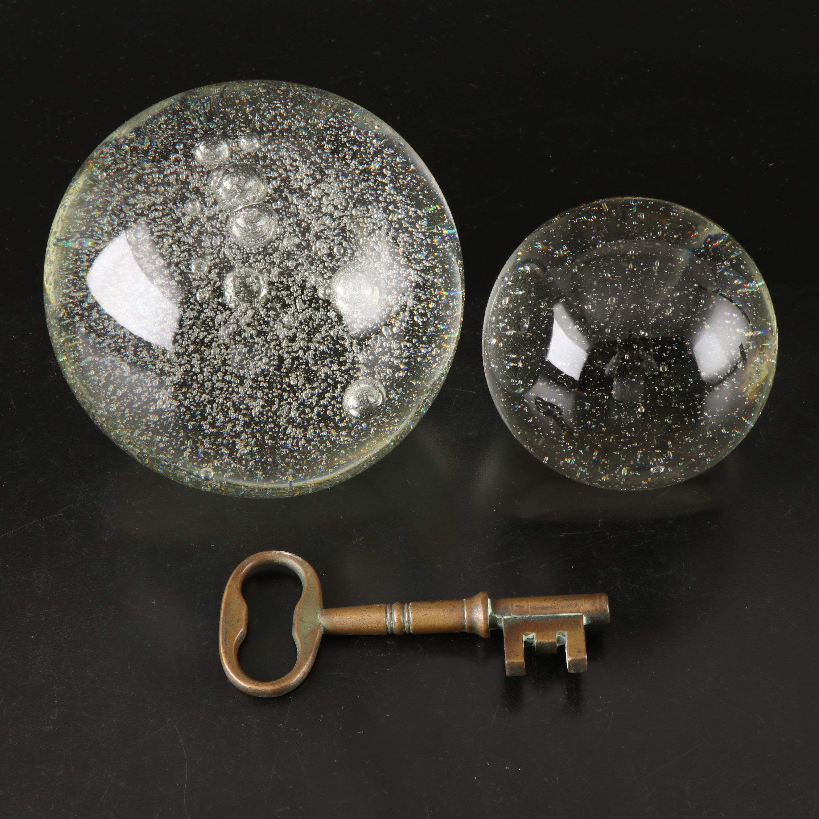 Controlled Bubble Art Glass Paperweights with Brass Skeleton Key