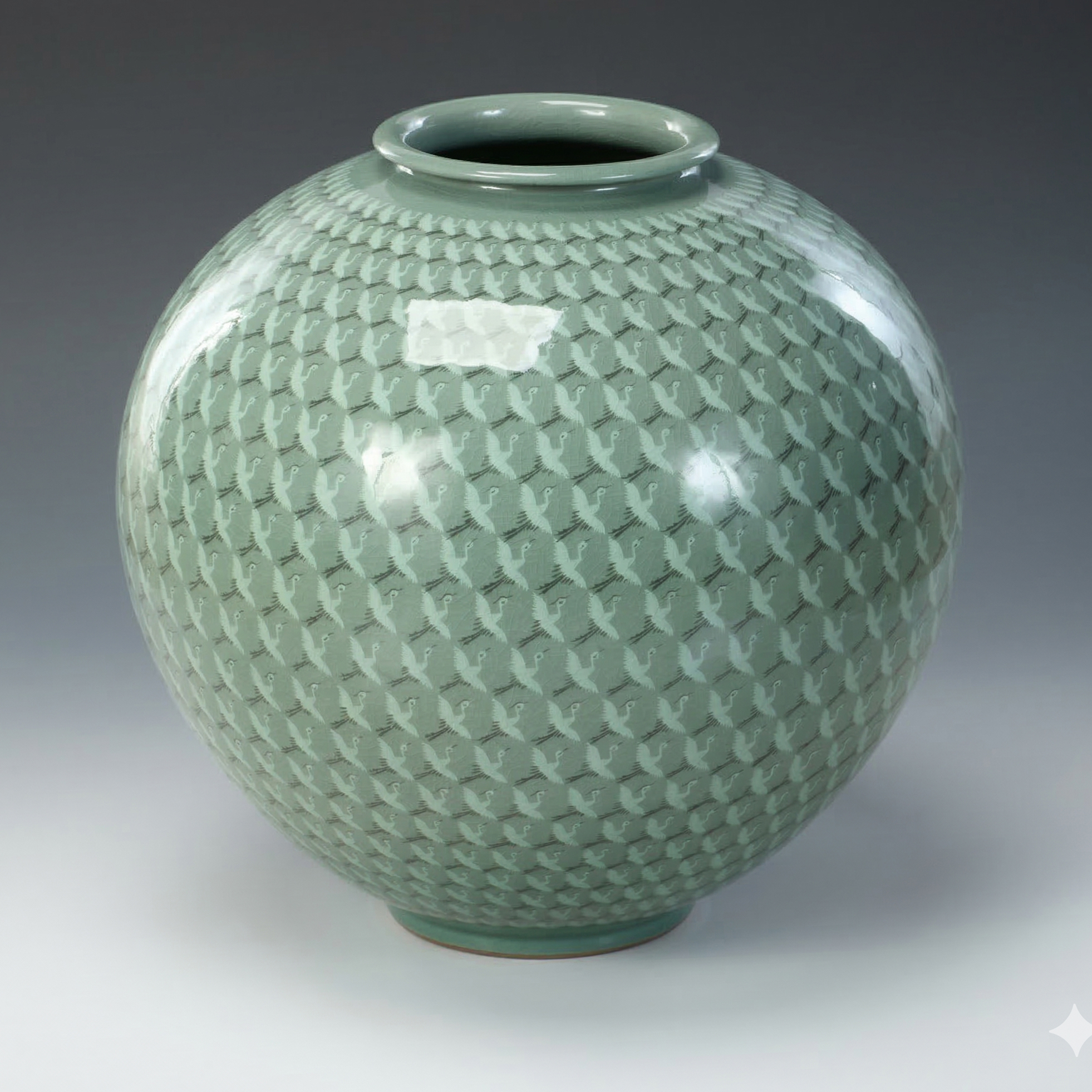 Korean Style "Thousand Cranes" Celadon Crackle Glaze Moon Jar