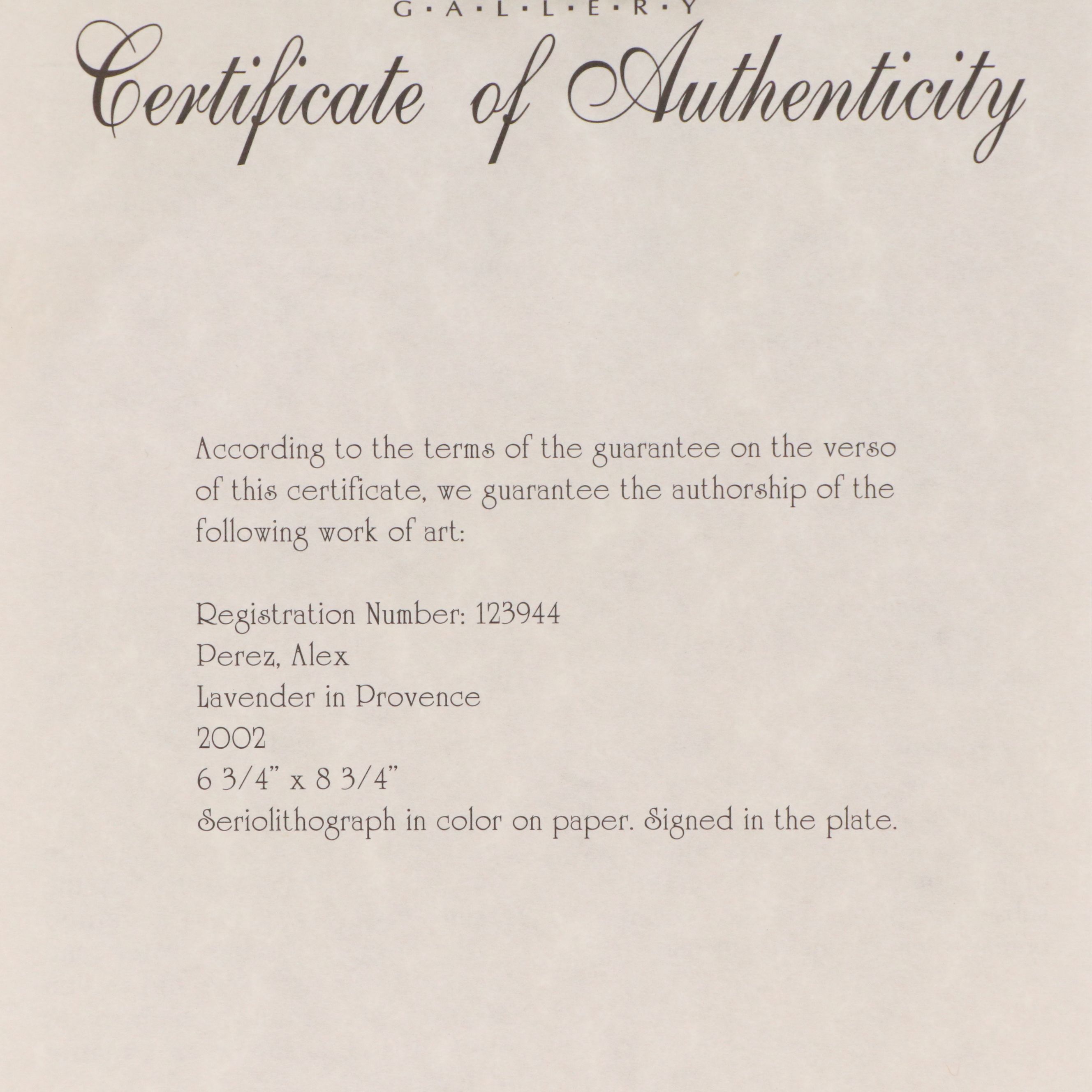 Alex Perez Seriolithographs Including "Lavender in Provence," 2002