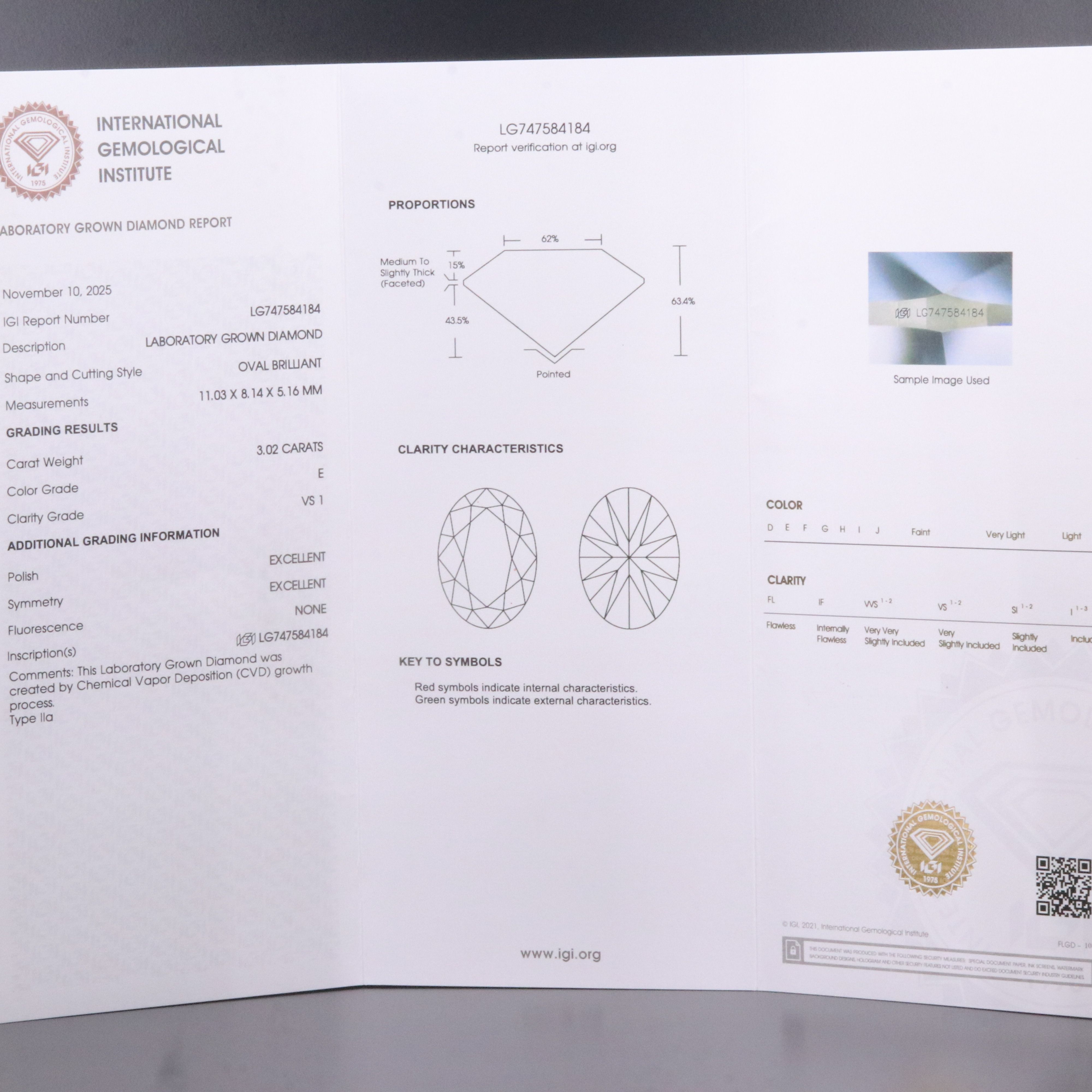 Loose 3.02 CT Lab Grown Diamond with IGI Report