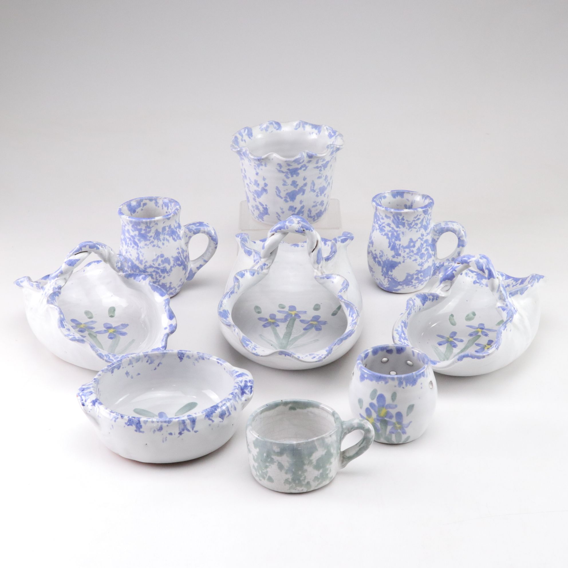 Bybee Pottery Blue and White Spongeware Ceramic Baskets, Bowls, Mugs & More