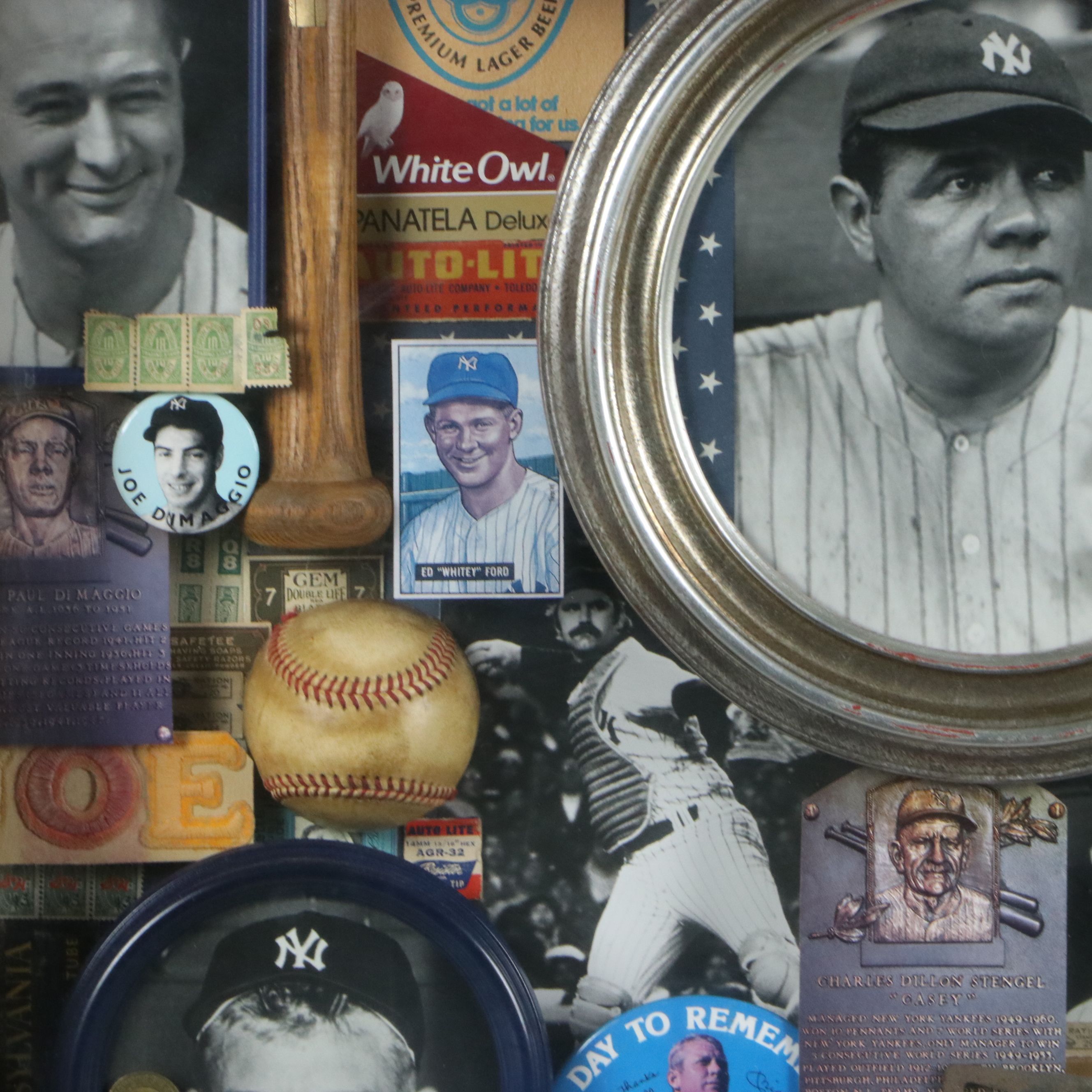 New York Yankees Memorabilia Assemblage in Shadow Box Including Photographs