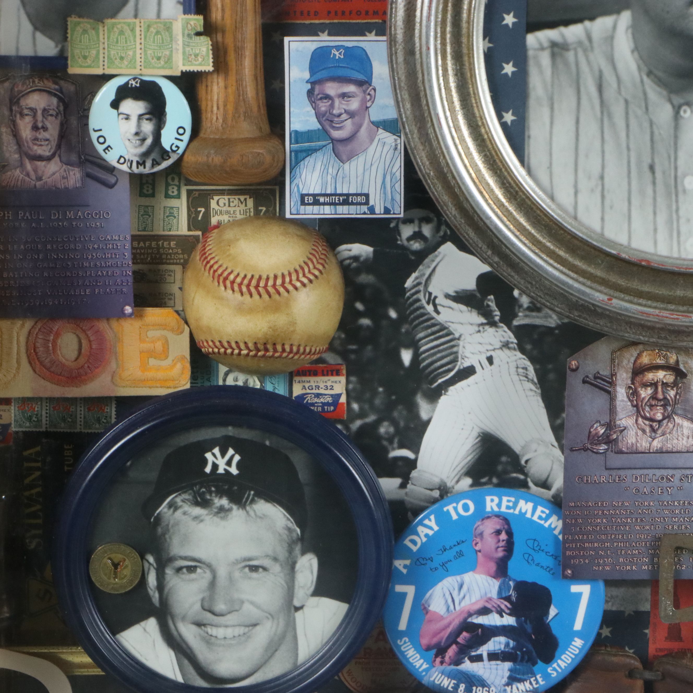 New York Yankees Memorabilia Assemblage in Shadow Box Including Photographs