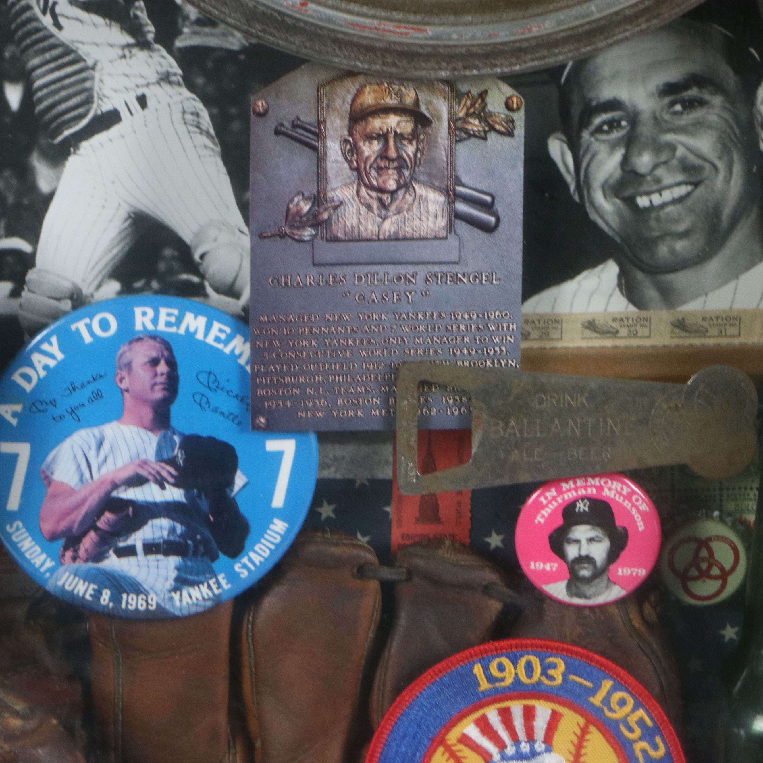 New York Yankees Memorabilia Assemblage in Shadow Box Including Photographs